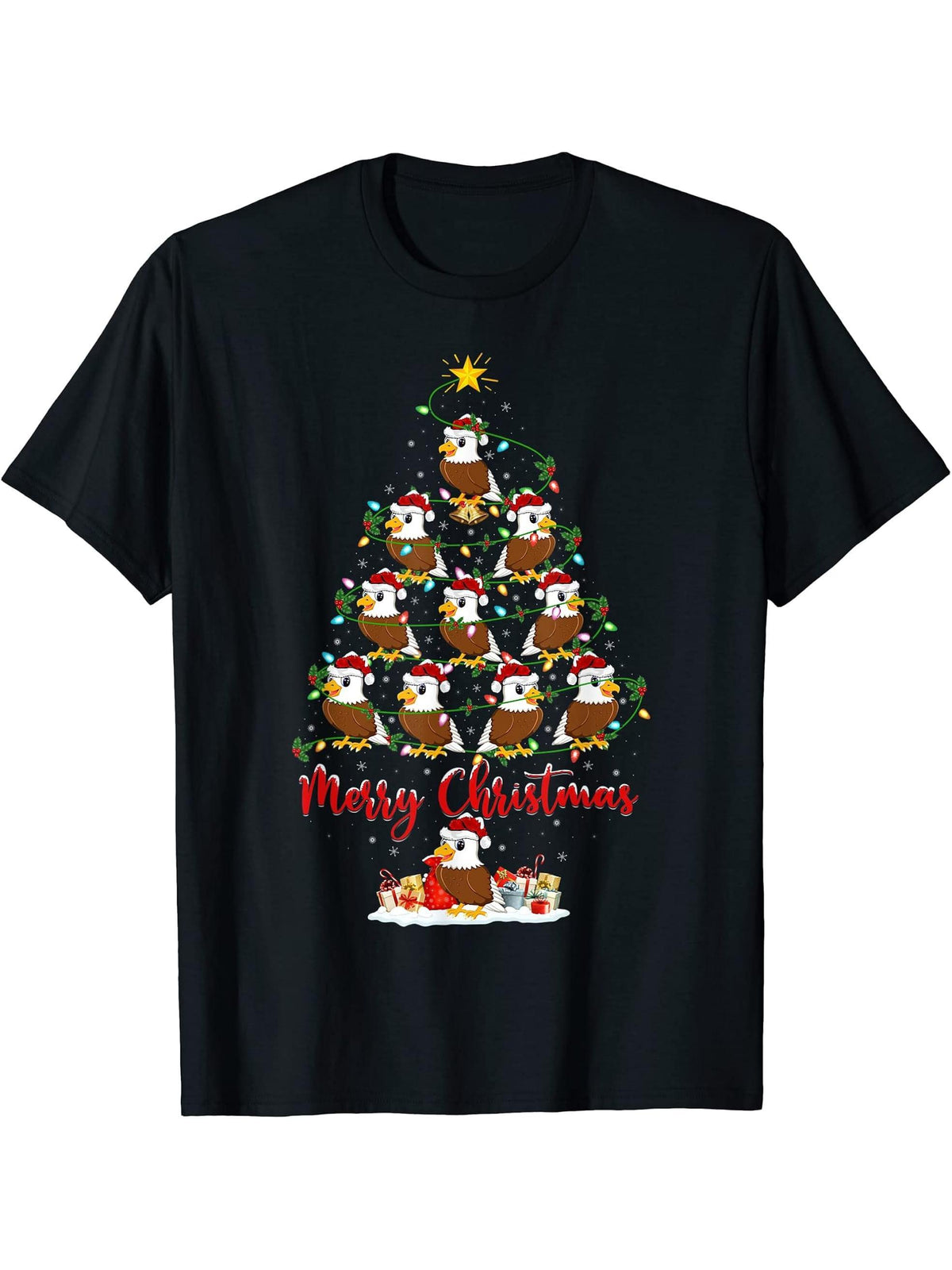 Bald Eagle Lover Matching Santa Bald Eagle Christmas Tree T-Shirt 180G 100% Cotton Printed Round Neck Short-Sleeve T-Shirt, Gifts for Men Dad Husband Grandpa, S-XXXL, Black