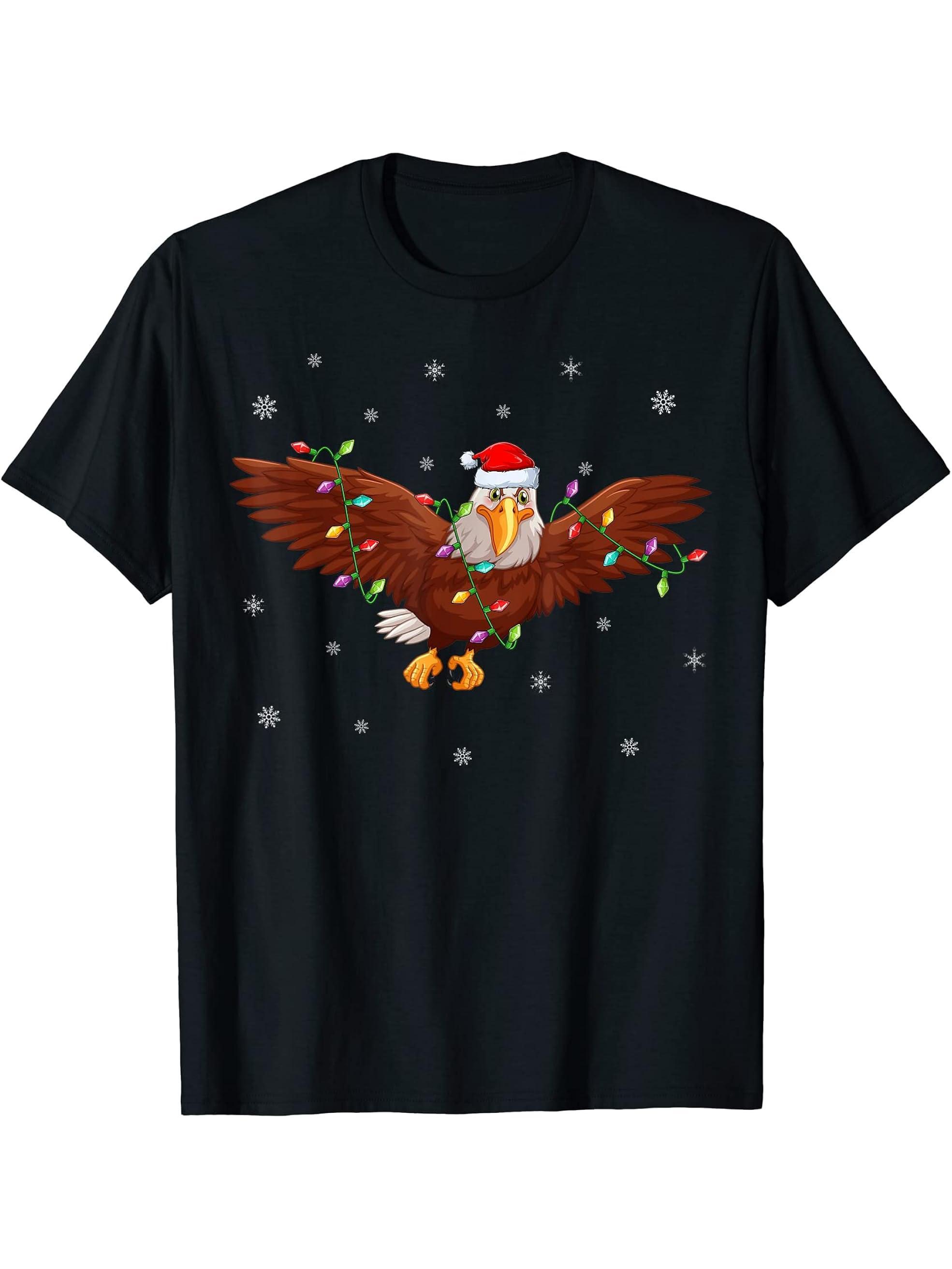 Bald Eagle Bird Xmas Lighting Santa Hat Bald Eagle Christmas T-Shirt 180G 100% Cotton Printed Round Neck Short-Sleeve T-Shirt, Gifts for Men Dad Husband Grandpa, S-XXXL, Black