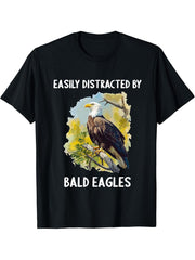 Easily distracted by Bald Eagles Bald Eagle T-Shirt 180G 100% Cotton Printed Round Neck Short-Sleeve T-Shirt, Gifts for Men Dad Husband Grandpa, S-XXXL, Black
