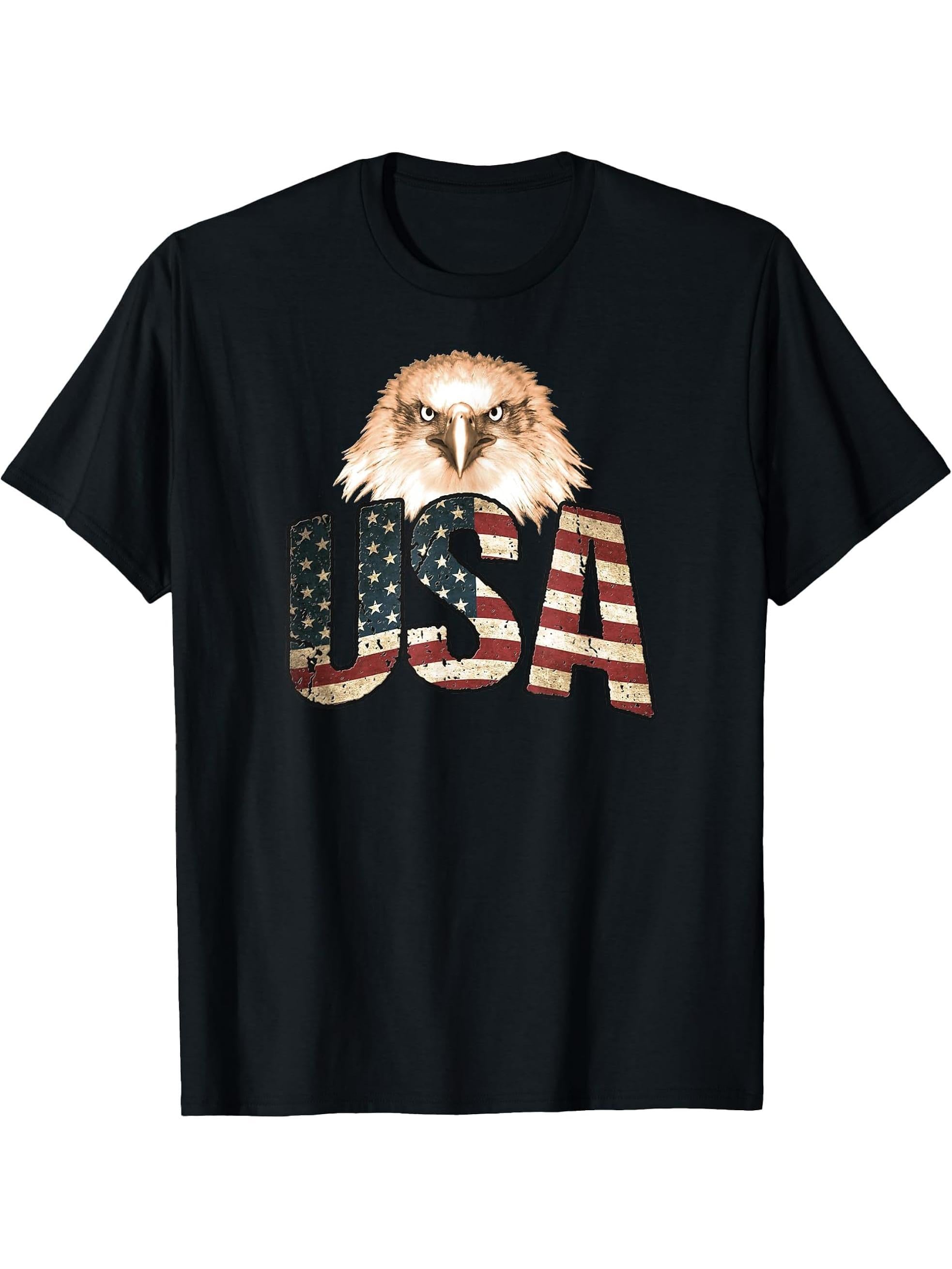 American Flag Patriotic Bald Eagle USA T-Shirt 180G 100% Cotton Printed Round Neck Short-Sleeve T-Shirt, Gifts for Men Dad Husband Grandpa, S-XXXL, Black