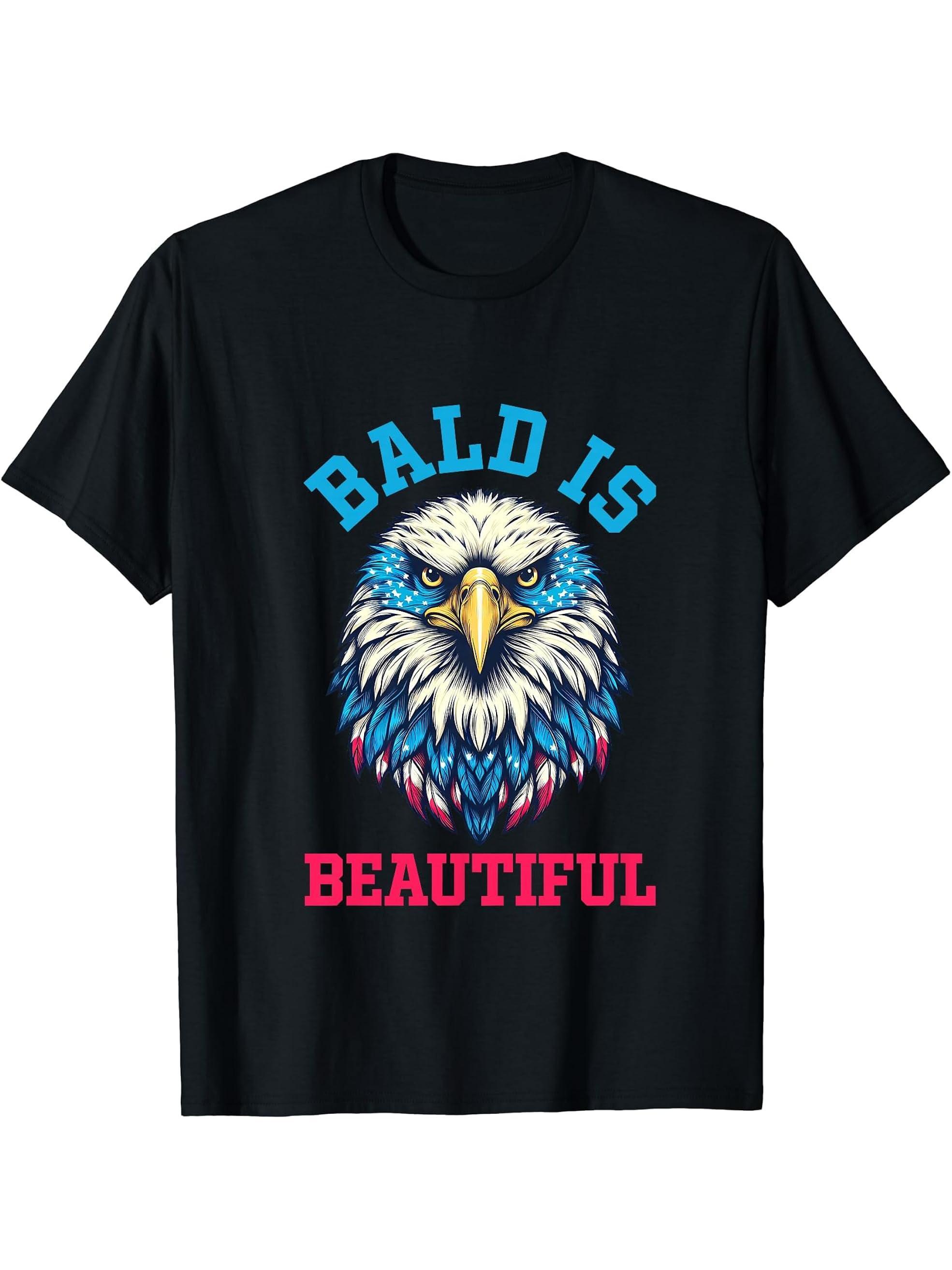 Bald is beautiful Shirt - Bald Eagle Patriotic American T-Shirt 180G 100% Cotton Printed Round Neck Short-Sleeve T-Shirt, Gifts for Men Dad Husband Grandpa, S-XXXL, Black