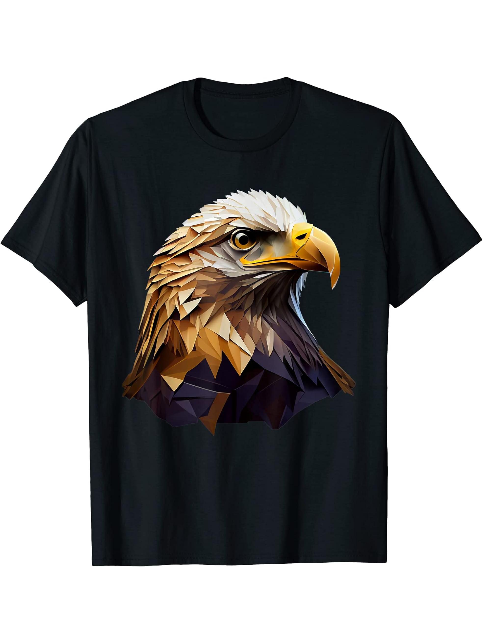 Bald Eagles Cool Polygon Design with a Bald Eagle T-Shirt 180G 100% Cotton Printed Round Neck Short-Sleeve T-Shirt, Gifts for Men Dad Husband Grandpa, S-XXXL, Black