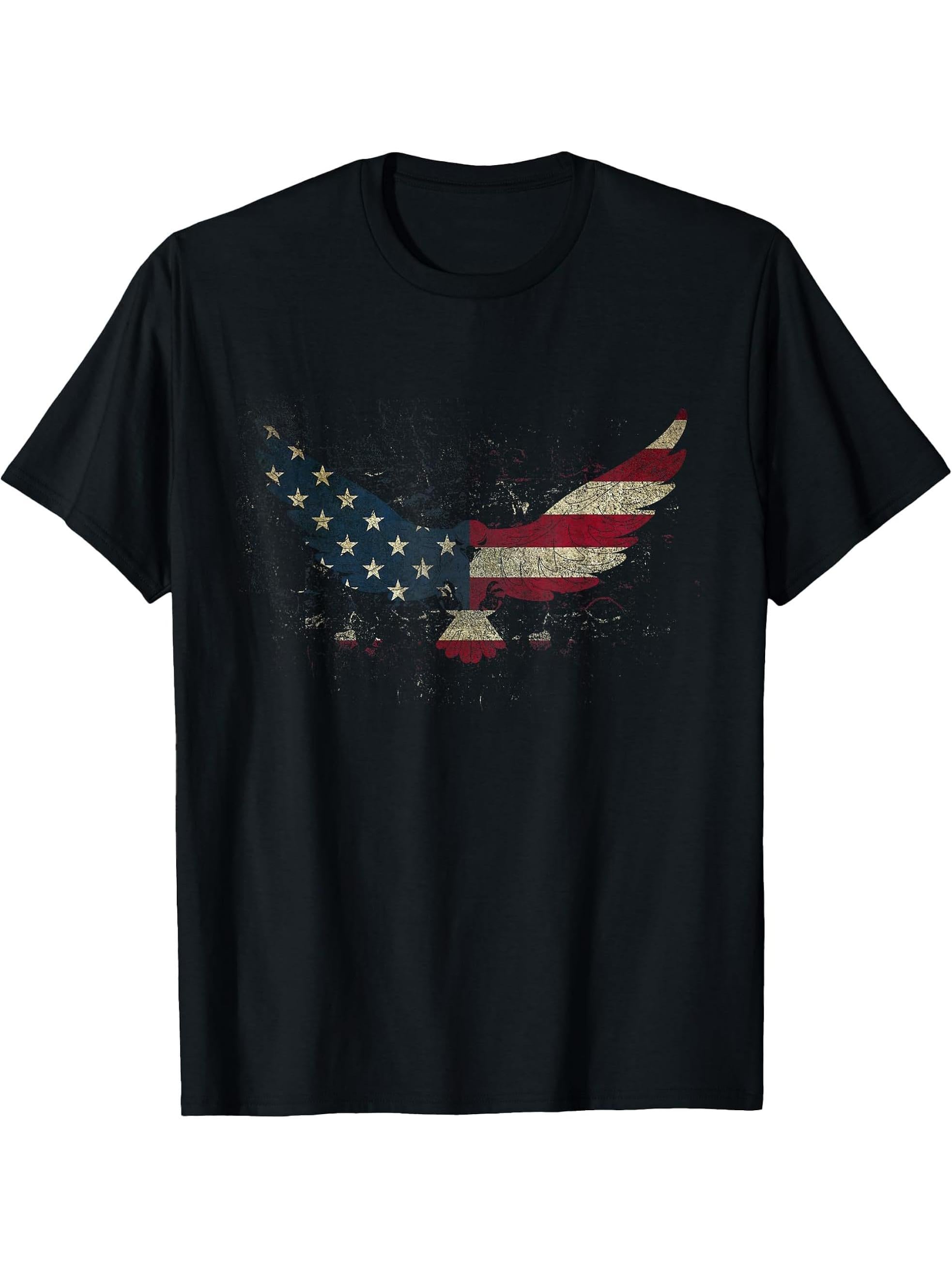 American Flag Eagle For Men Women Boy Girl for 4th of July T-Shirt 180G 100% Cotton Printed Round Neck Short-Sleeve T-Shirt, Gifts for Men Dad Husband Grandpa, S-XXXL, Black