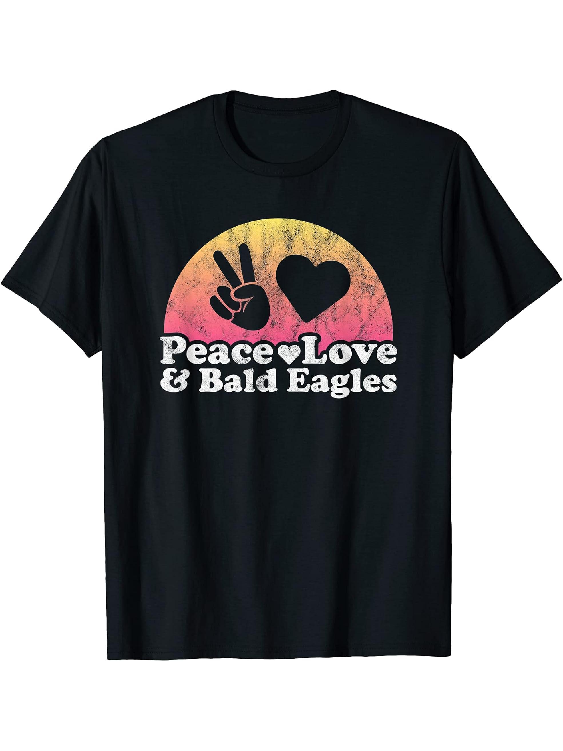 Peace Love and Bald Eagles Bald Eagle T-Shirt 180G 100% Cotton Printed Round Neck Short-Sleeve T-Shirt, Gifts for Men Dad Husband Grandpa, S-XXXL, Black