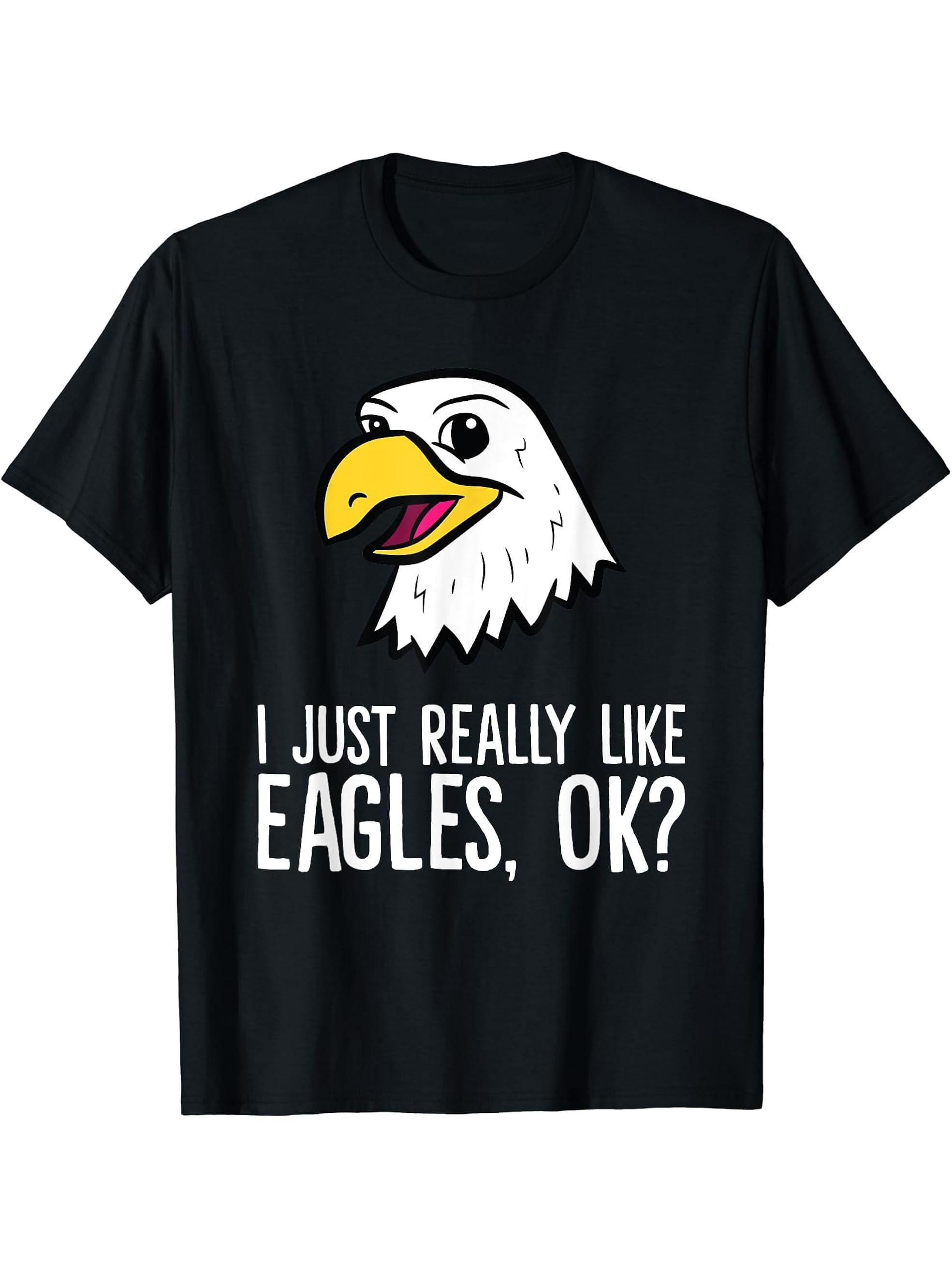 I Just Really Like Eagles, Ok? American Bald Eagle T-Shirt 180G 100% Cotton Printed Round Neck Short-Sleeve T-Shirt, Gifts for Men Dad Husband Grandpa, S-XXXL, Black