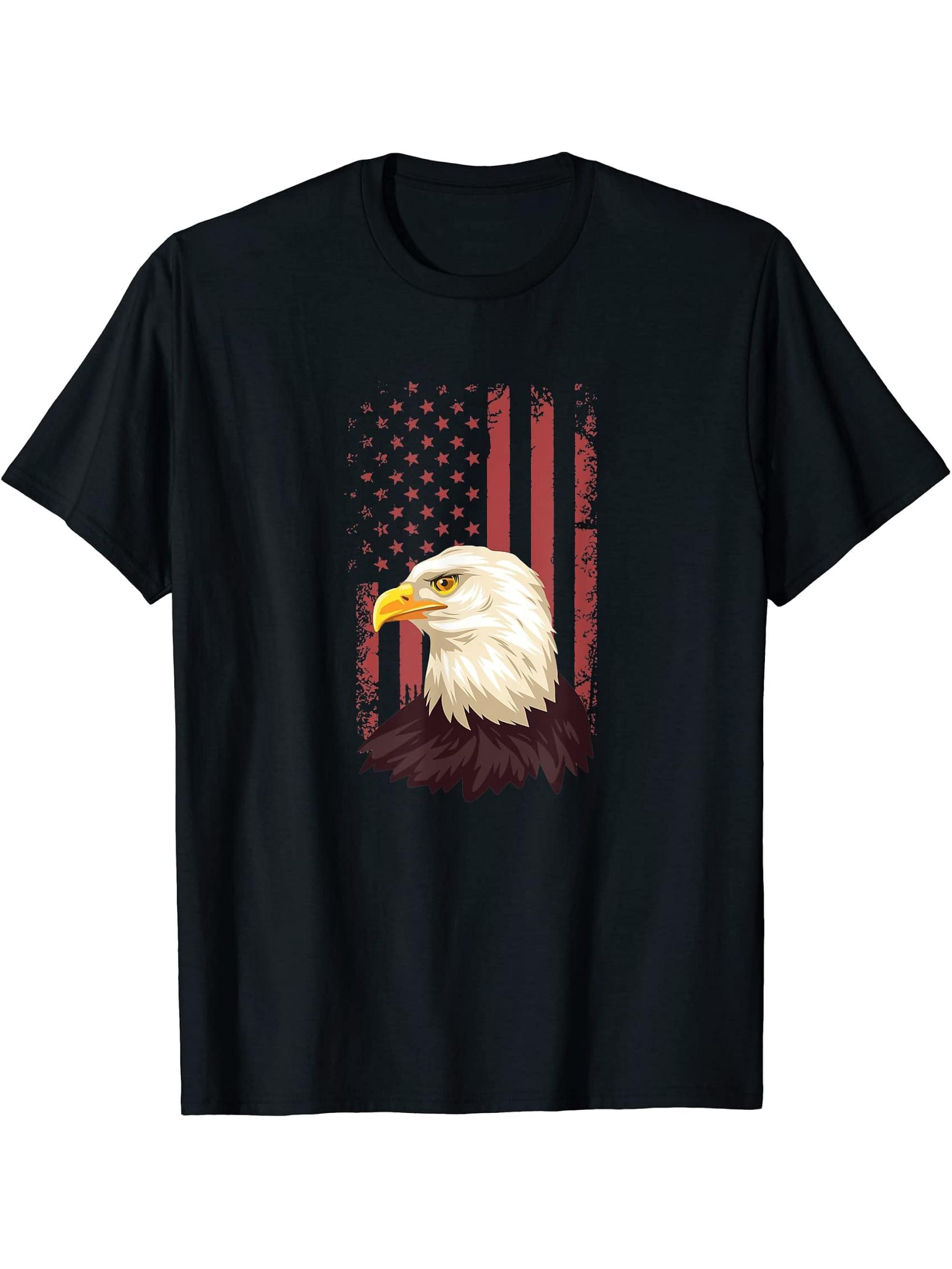 Eagle Flag Red Bald Eagle American Patriotic T-Shirt 180G 100% Cotton Printed Round Neck Short-Sleeve T-Shirt, Gifts for Men Dad Husband Grandpa, S-XXXL, Black