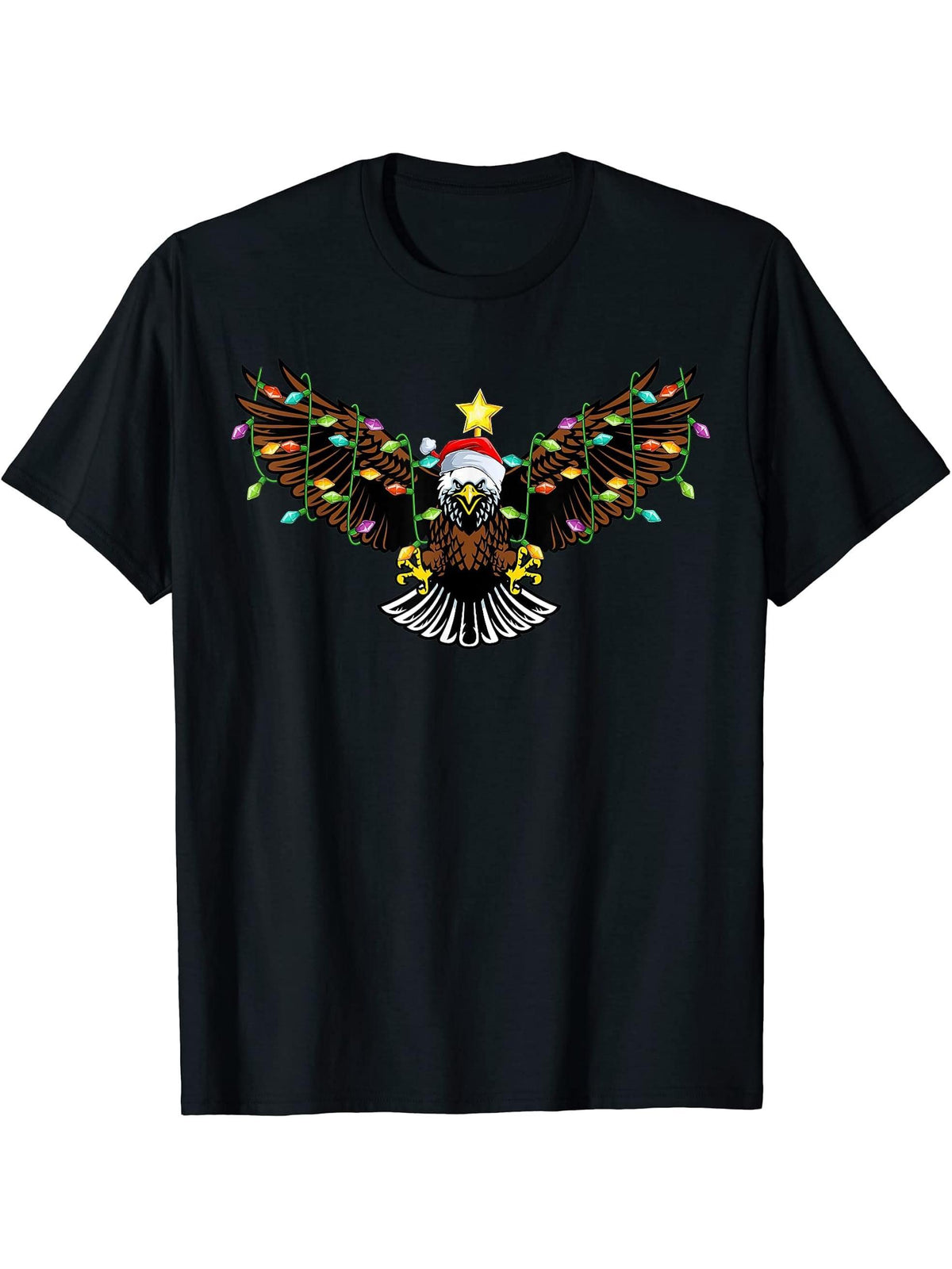 Bald Eagle Lighting Xmas Tree Matching Bald Eagle Christmas T-Shirt 180G 100% Cotton Printed Round Neck Short-Sleeve T-Shirt, Gifts for Men Dad Husband Grandpa, S-XXXL, Black