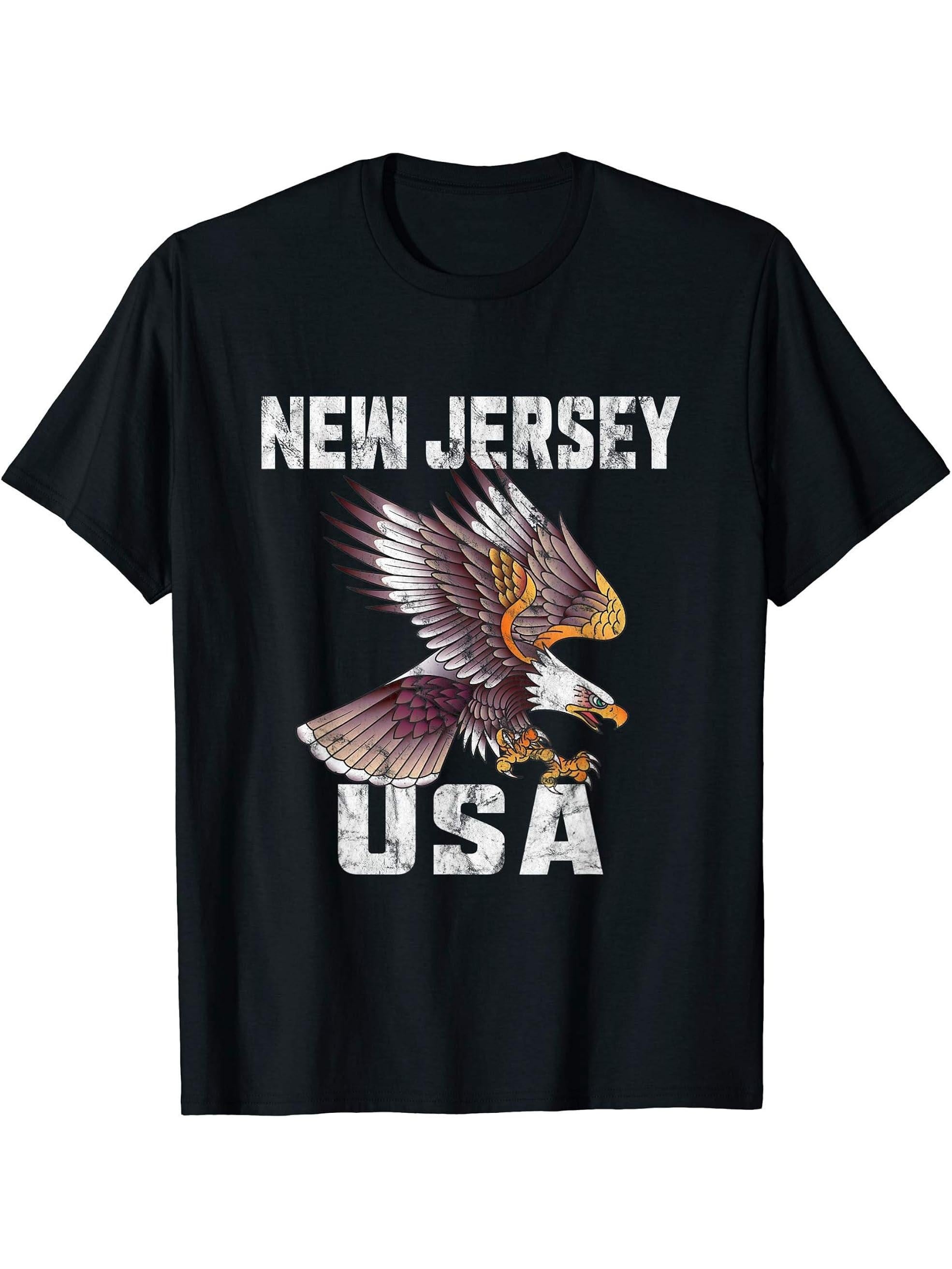 Retro Distressed New Jersey USA Bald Eagle Gift T-Shirt 180G 100% Cotton Printed Round Neck Short-Sleeve T-Shirt, Gifts for Men Dad Husband Grandpa, S-XXXL, Black