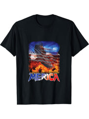 Americana Bald Eagle, American Flag, Fire, 'MERICA T-Shirt 180G 100% Cotton Printed Round Neck Short-Sleeve T-Shirt, Gifts for Men Dad Husband Grandpa, S-XXXL, Black
