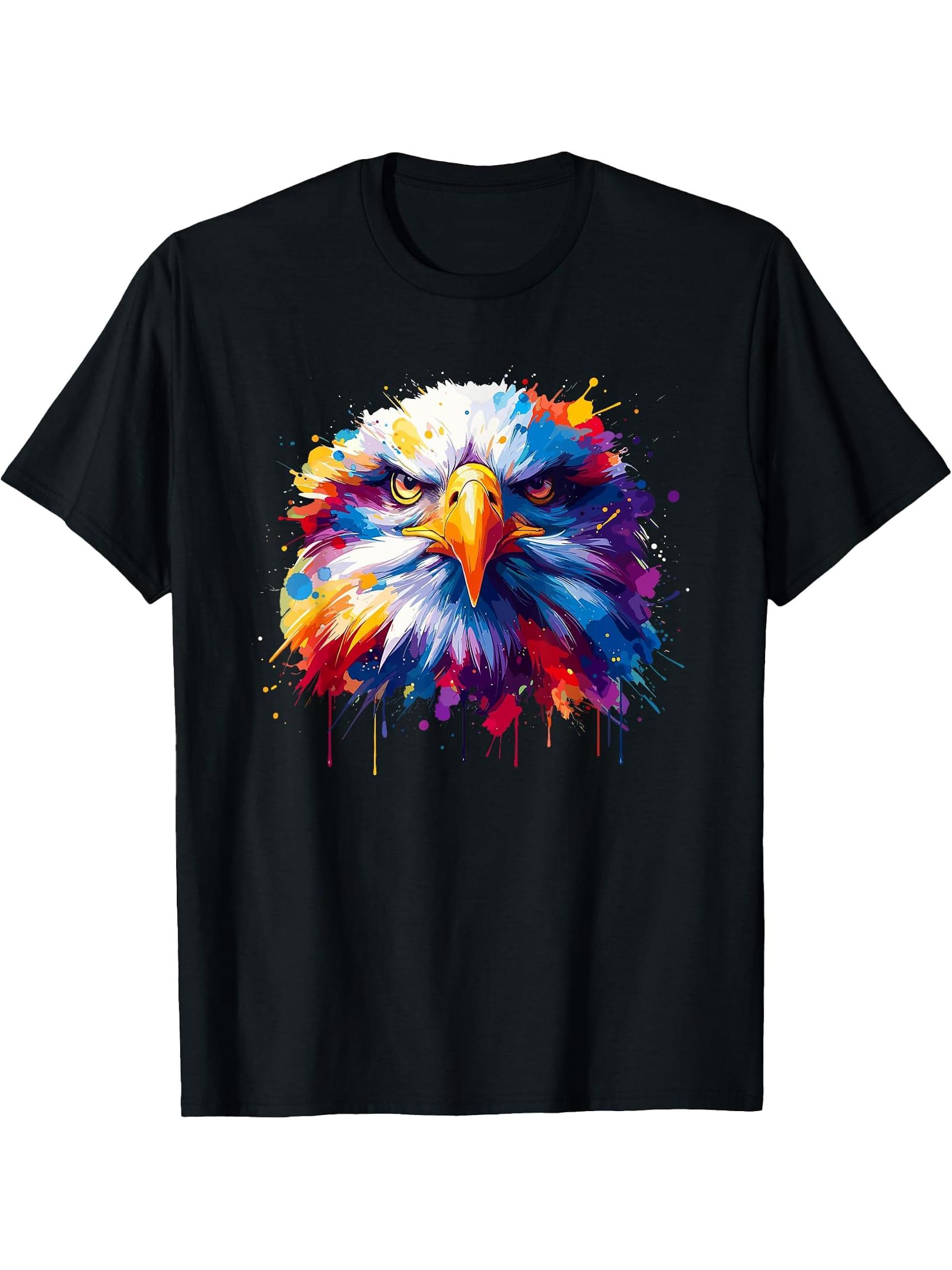 Colorful Splash Art Bald Eagle Bald Eagles T-Shirt 180G 100% Cotton Printed Round Neck Short-Sleeve T-Shirt, Gifts for Men Dad Husband Grandpa, S-XXXL, Black