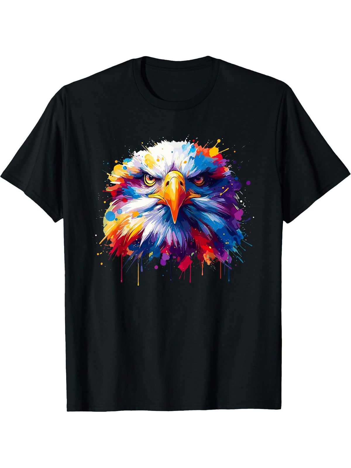 Colorful Splash Art Bald Eagle Bald Eagles T-Shirt 180G 100% Cotton Printed Round Neck Short-Sleeve T-Shirt, Gifts for Men Dad Husband Grandpa, S-XXXL, Black