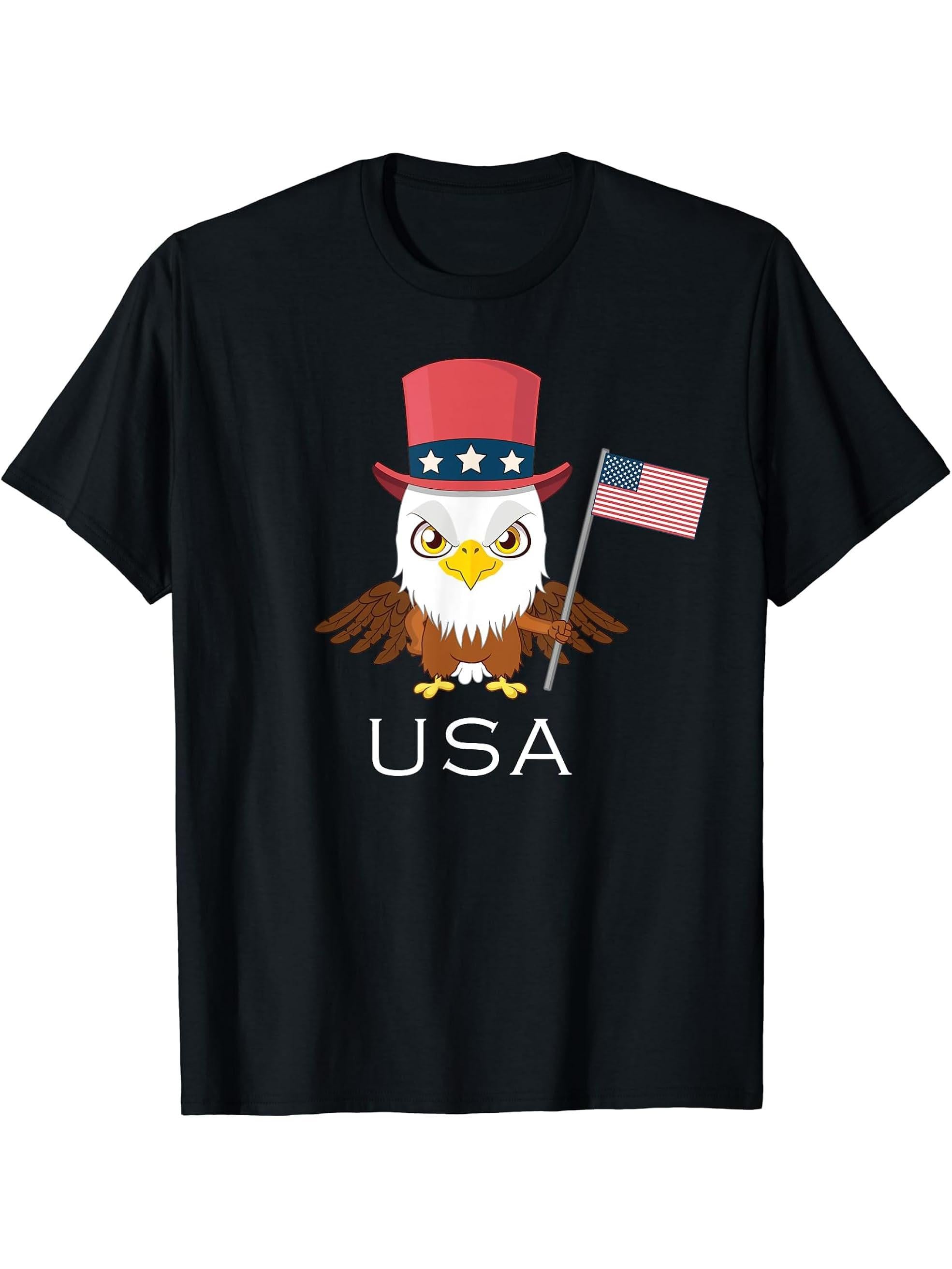 Bald Eagle Shirt. 4th of July Shirts USA American Flag Shirt 180G 100% Cotton Printed Round Neck Short-Sleeve T-Shirt, Gifts for Men Dad Husband Grandpa, S-XXXL, Black