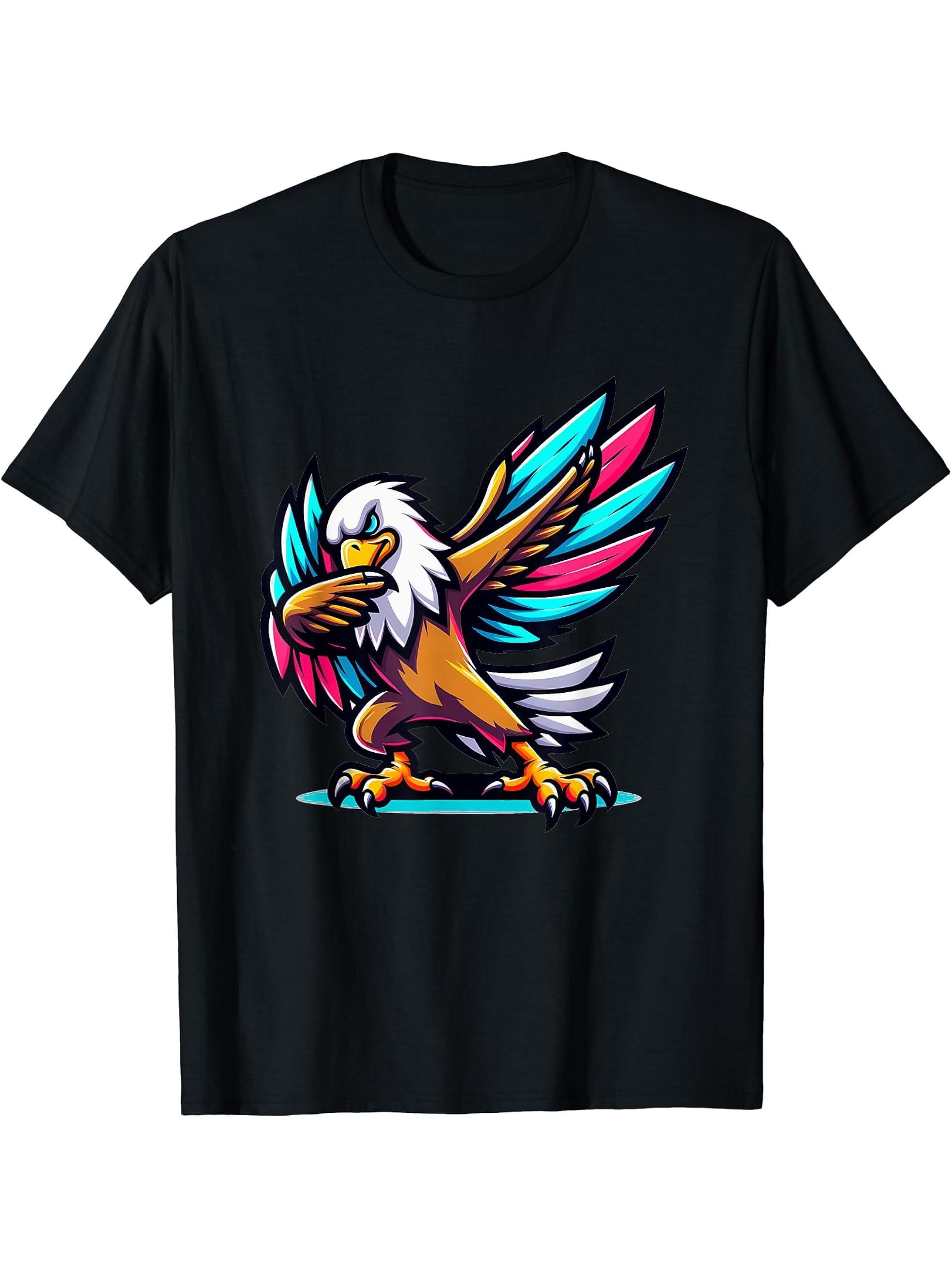 Dabbing Bald Eagle T-Shirt 180G 100% Cotton Printed Round Neck Short-Sleeve T-Shirt, Gifts for Men Dad Husband Grandpa, S-XXXL, Black