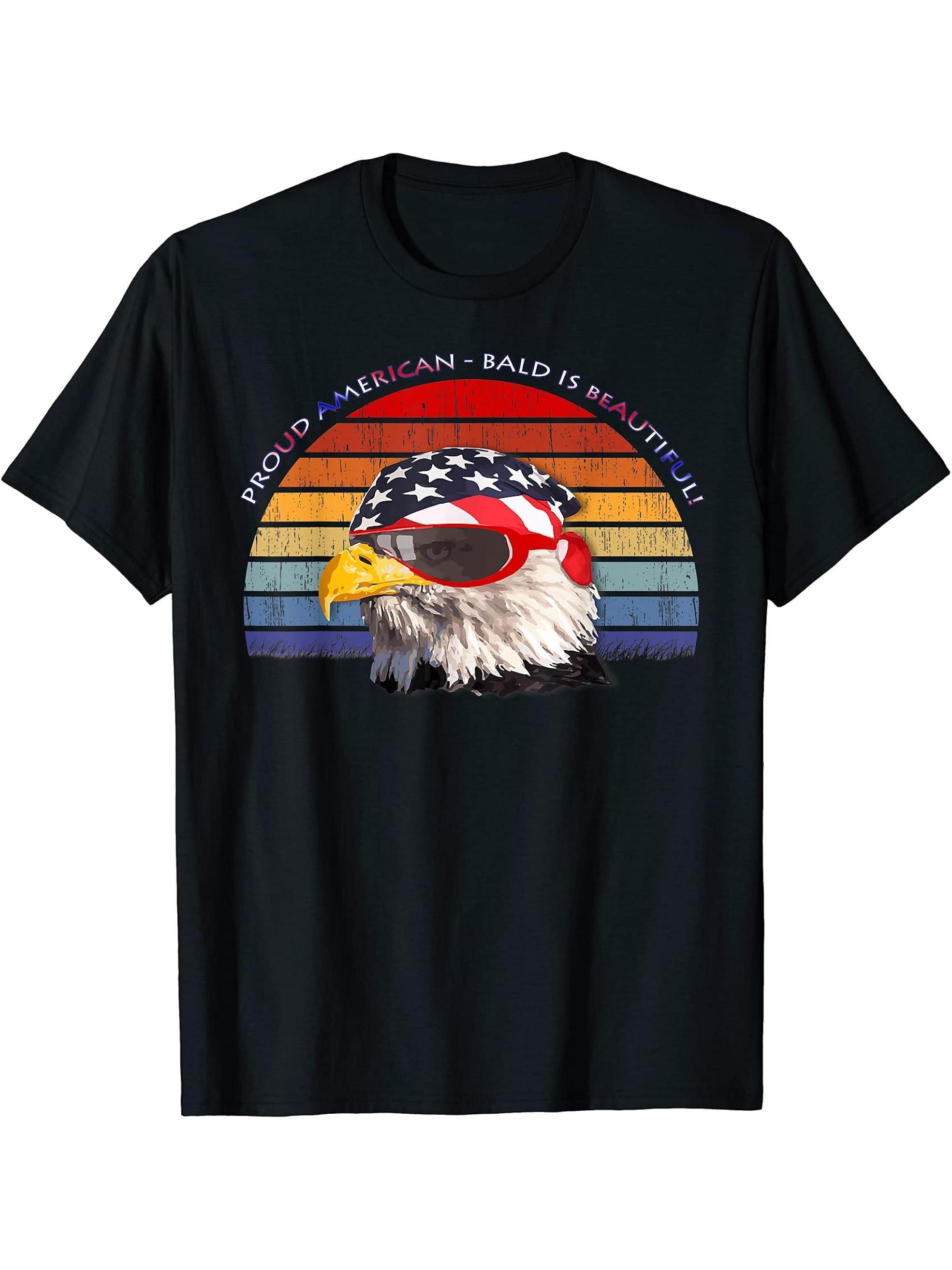 Bald is Beautiful American Bald Eagle Vintage Patriotic Gift T-Shirt 180G 100% Cotton Printed Round Neck Short-Sleeve T-Shirt, Gifts for Men Dad Husband Grandpa, S-XXXL, Black