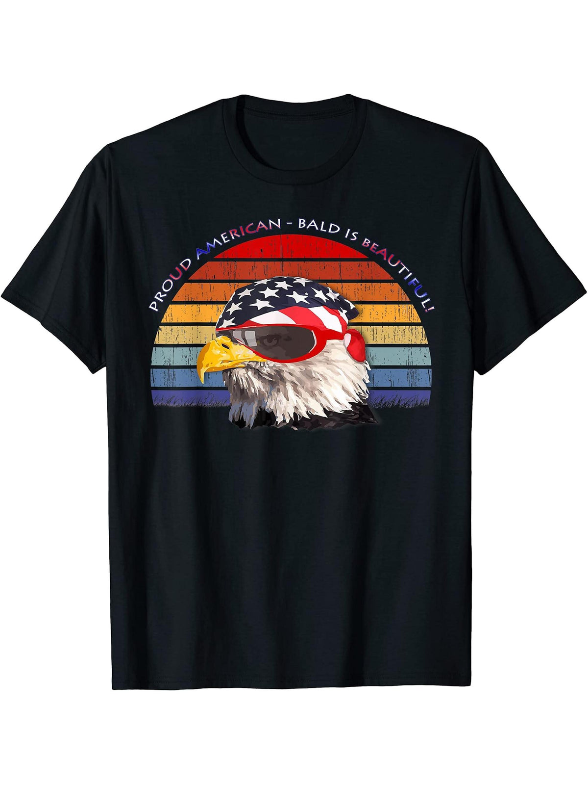 Bald is Beautiful American Bald Eagle Vintage Patriotic Gift T-Shirt 180G 100% Cotton Printed Round Neck Short-Sleeve T-Shirt, Gifts for Men Dad Husband Grandpa, S-XXXL, Black