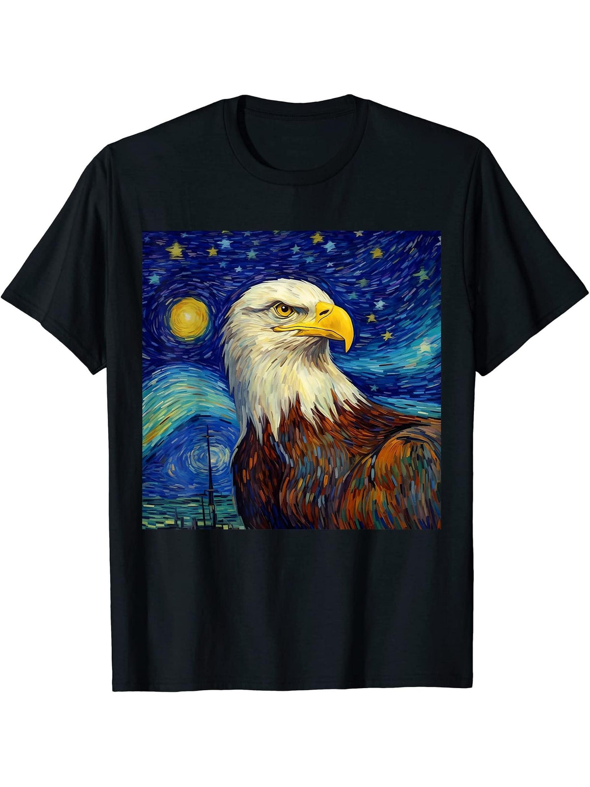 Surreal Starry Night Bald Eagle T-Shirt 180G 100% Cotton Printed Round Neck Short-Sleeve T-Shirt, Gifts for Men Dad Husband Grandpa, S-XXXL, Black