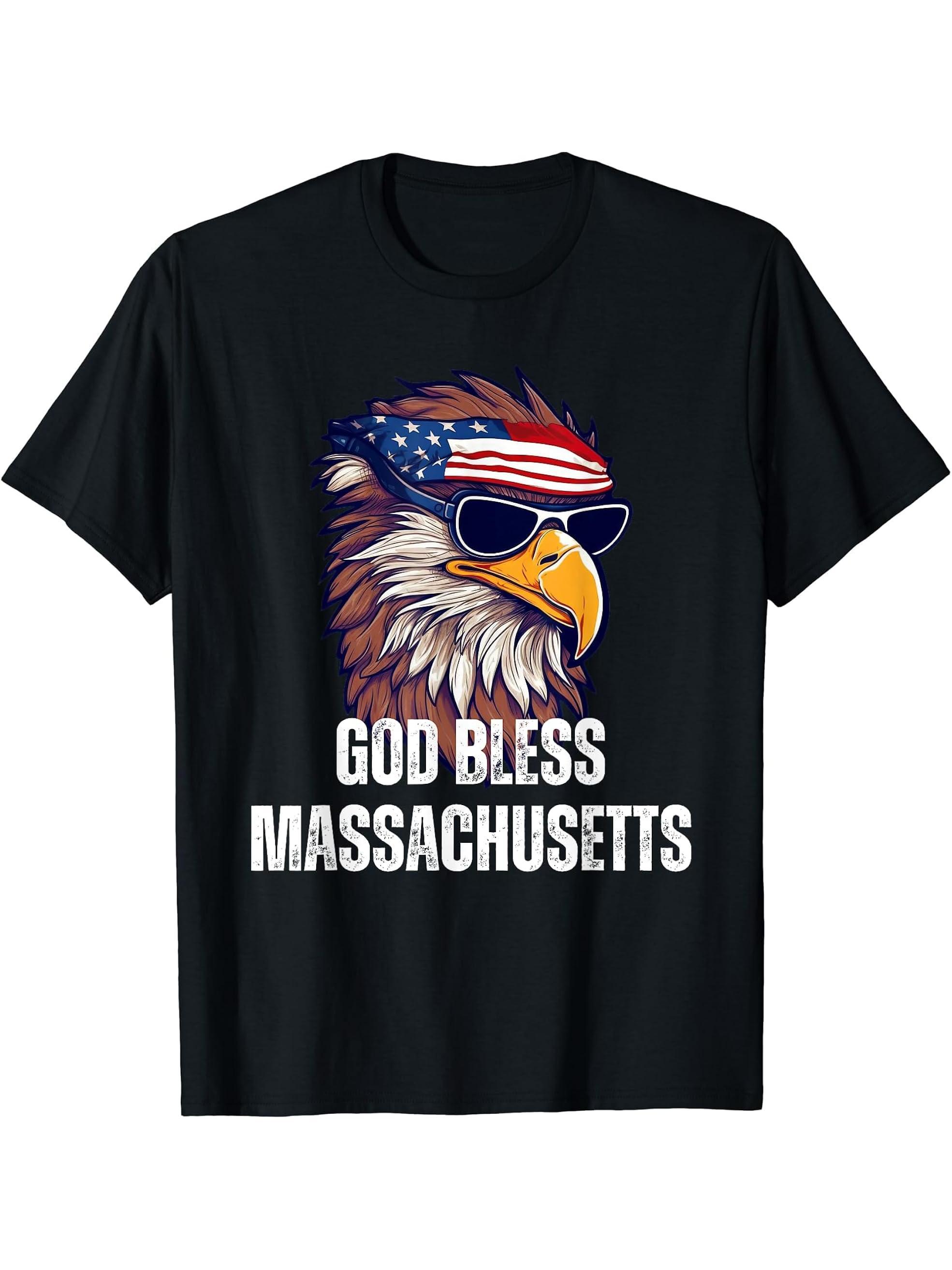 God Bless Massachusetts - Patriotic Bald Eagle American Flag T-Shirt 180G 100% Cotton Printed Round Neck Short-Sleeve T-Shirt, Gifts for Men Dad Husband Grandpa, S-XXXL, Black