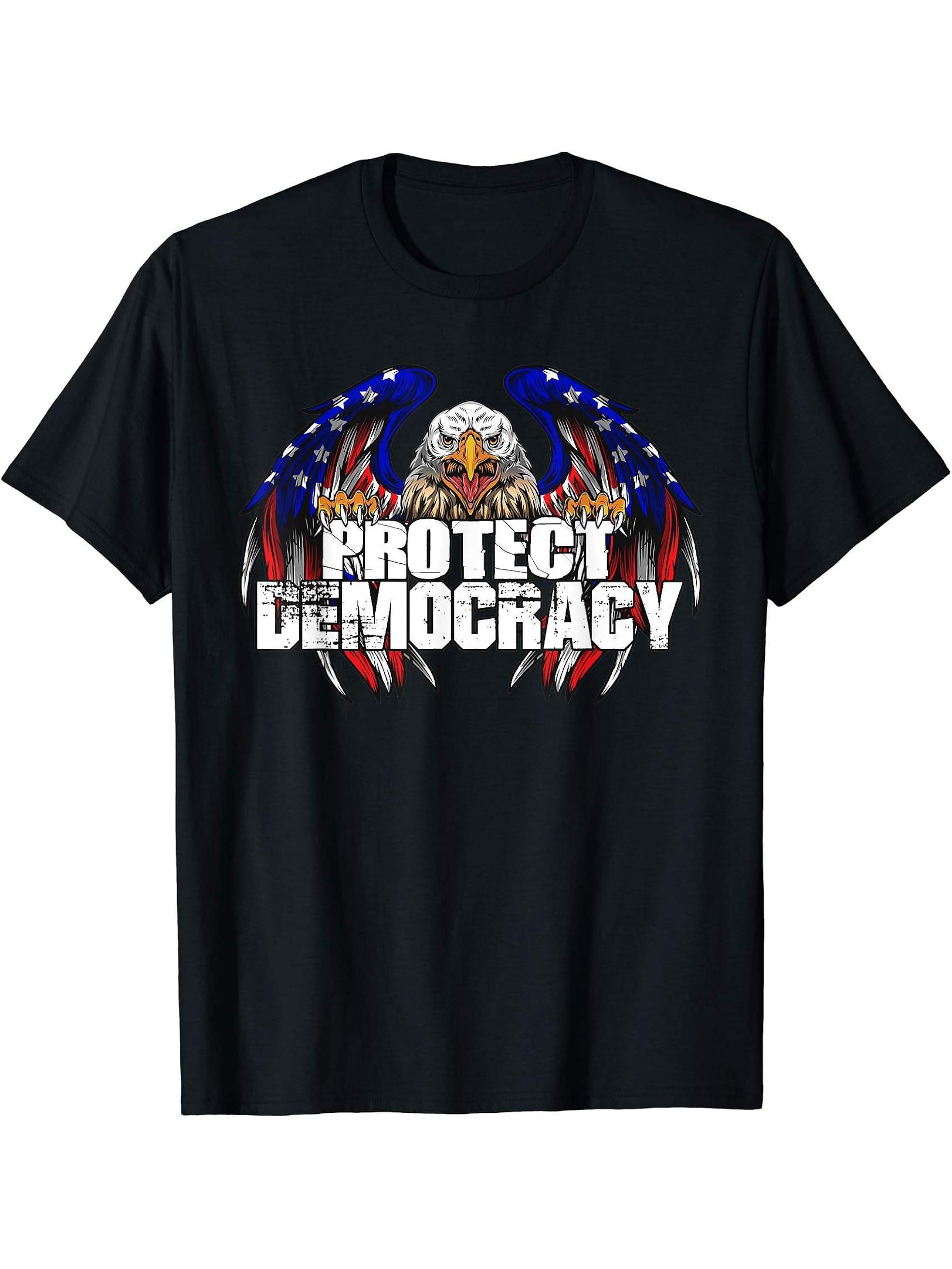 American Bald Eagle Protect Democracy T-Shirt 180G 100% Cotton Printed Round Neck Short-Sleeve T-Shirt, Gifts for Men Dad Husband Grandpa, S-XXXL, Black