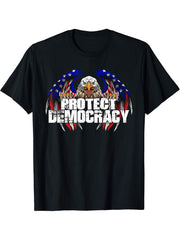 American Bald Eagle Protect Democracy T-Shirt 180G 100% Cotton Printed Round Neck Short-Sleeve T-Shirt, Gifts for Men Dad Husband Grandpa, S-XXXL, Black