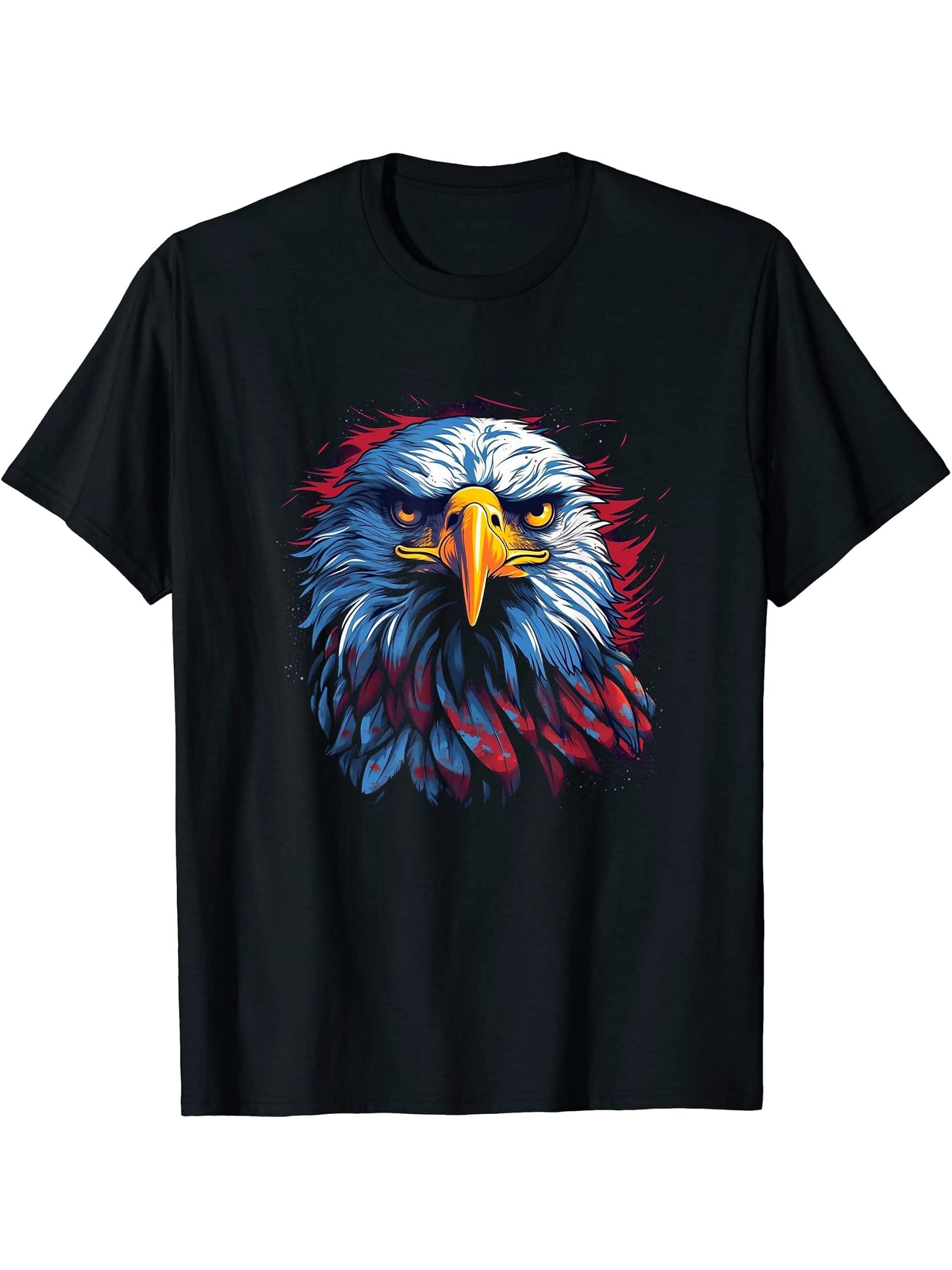 American Bald Eagle Men Women Boy Girl T-Shirt 180G 100% Cotton Printed Round Neck Short-Sleeve T-Shirt, Gifts for Men Dad Husband Grandpa, S-XXXL, Black