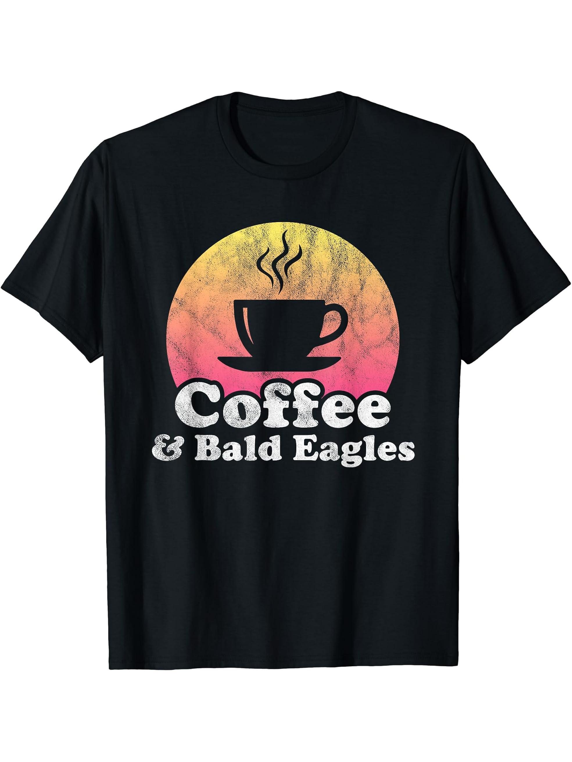 Coffee and Bald Eagles Bald Eagle T-Shirt 180G 100% Cotton Printed Round Neck Short-Sleeve T-Shirt, Gifts for Men Dad Husband Grandpa, S-XXXL, Black