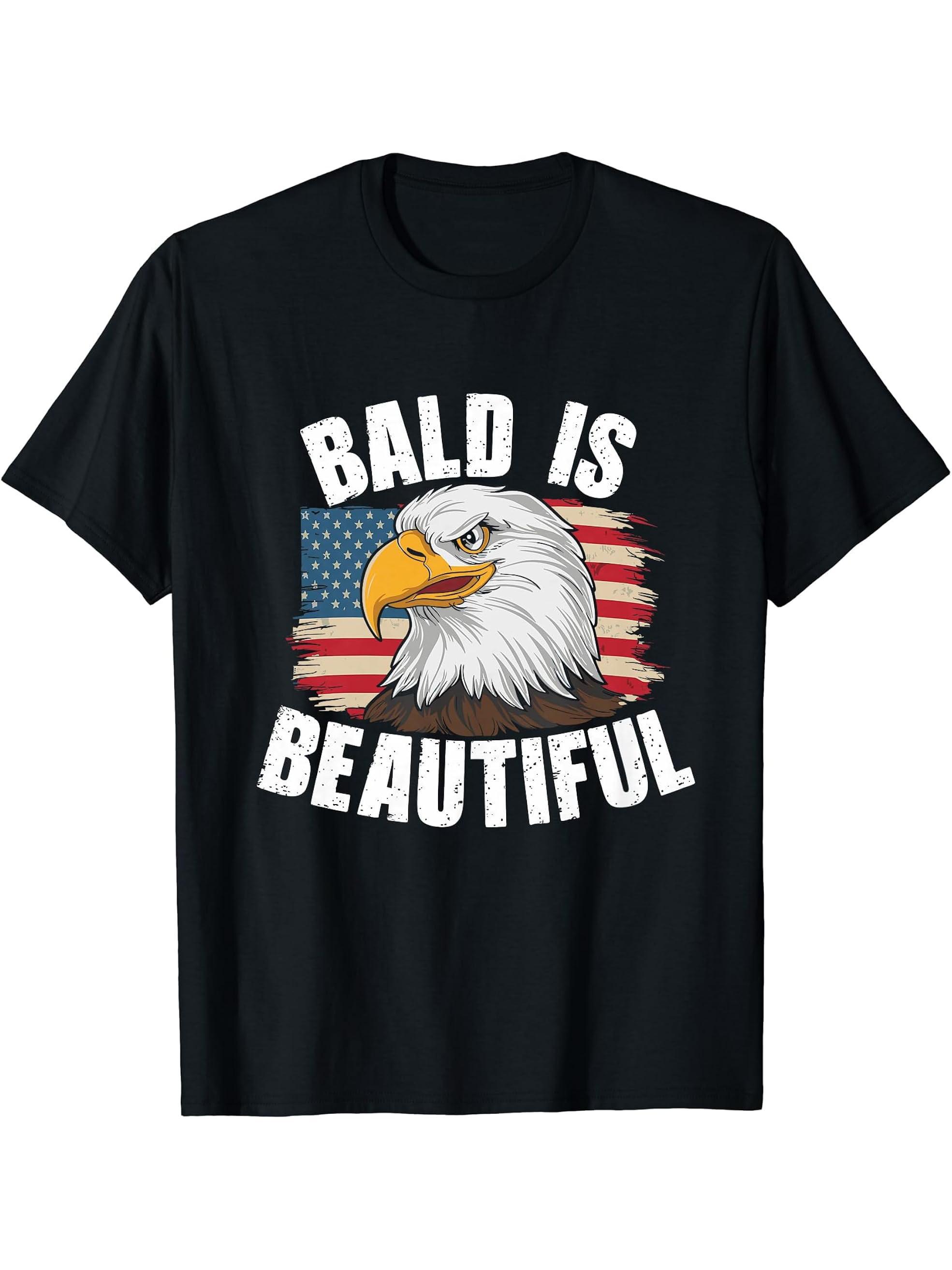 Bald Is Beautiful 4th of July Bald Eagle Independence Day T-Shirt 180G 100% Cotton Printed Round Neck Short-Sleeve T-Shirt, Gifts for Men Dad Husband Grandpa, S-XXXL, Black