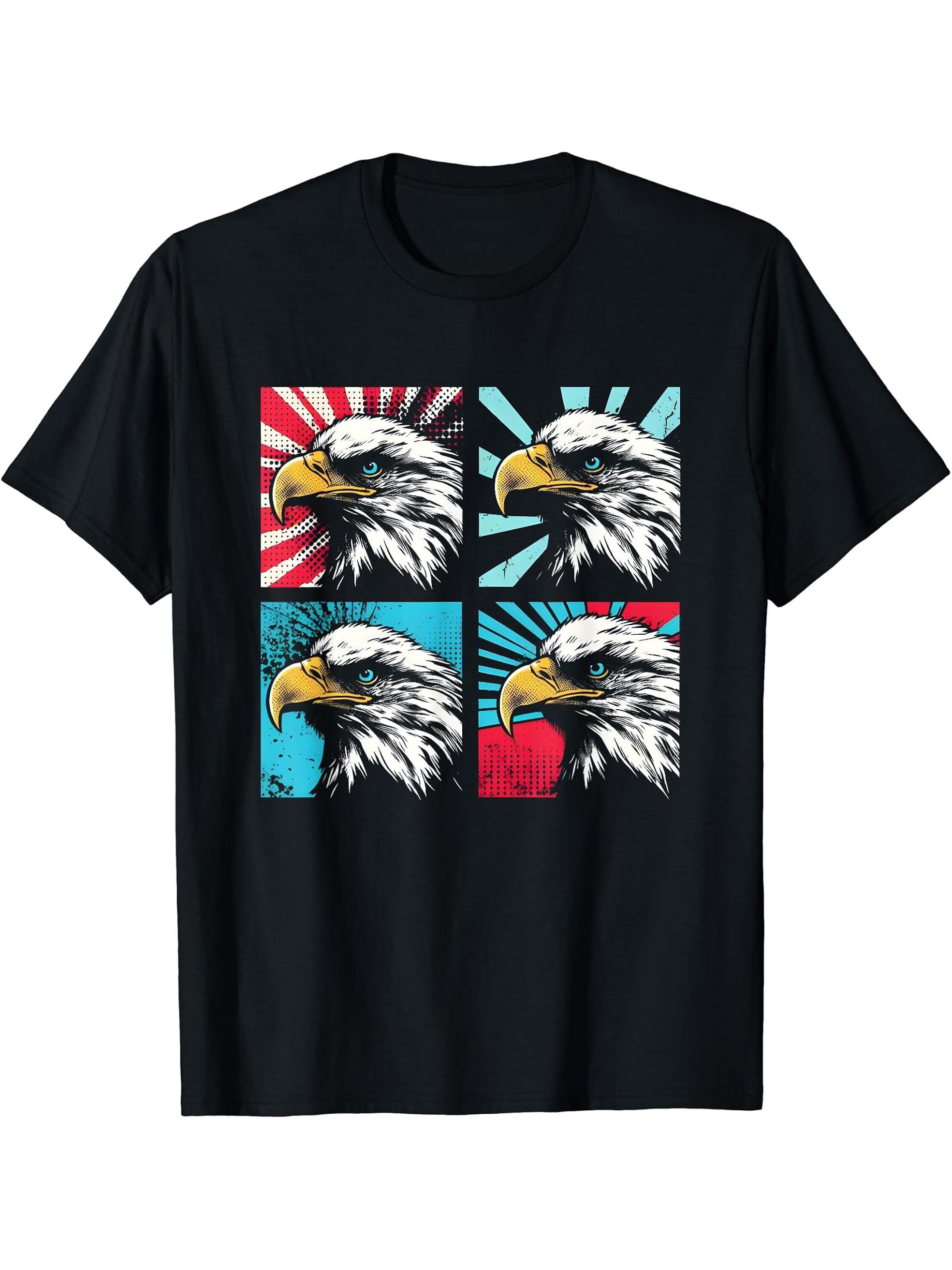 Bald Eagle Pop Art - Vintage American Bald Eagle Lover T-Shirt 180G 100% Cotton Printed Round Neck Short-Sleeve T-Shirt, Gifts for Men Dad Husband Grandpa, S-XXXL, Black