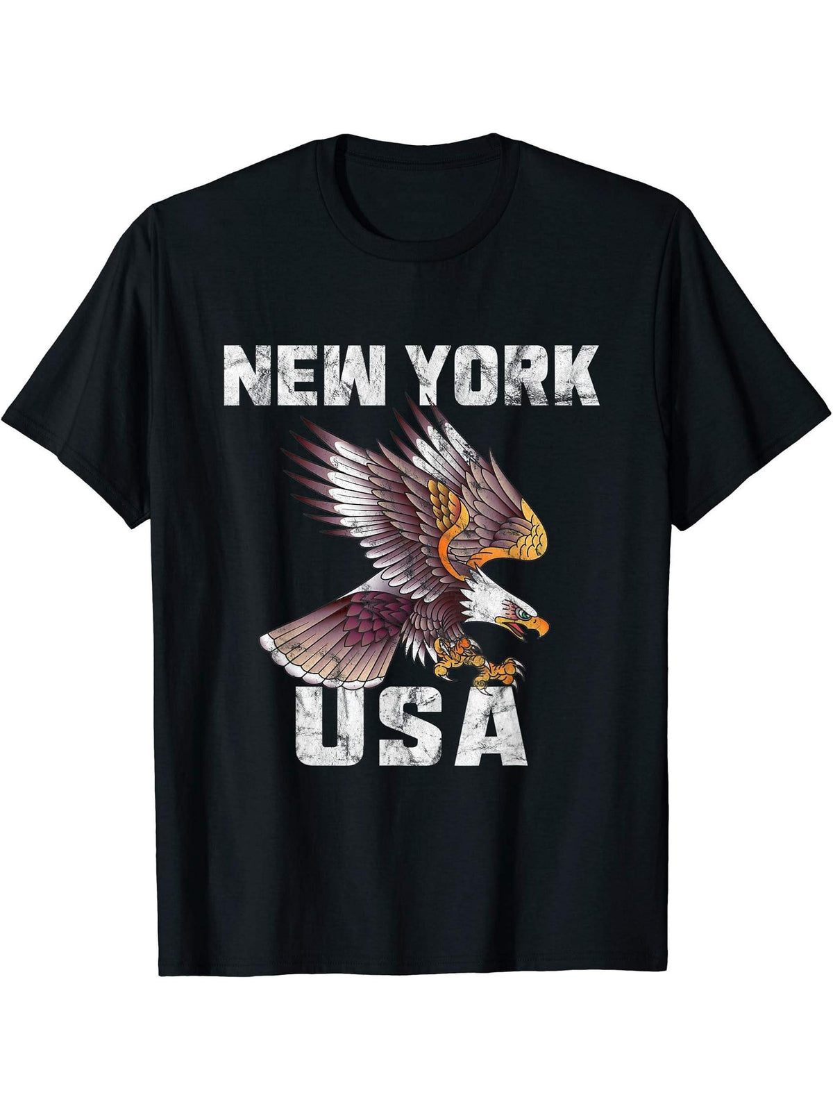 Retro Distressed New York USA Bald Eagle Gift T-Shirt 180G 100% Cotton Printed Round Neck Short-Sleeve T-Shirt, Gifts for Men Dad Husband Grandpa, S-XXXL, Black
