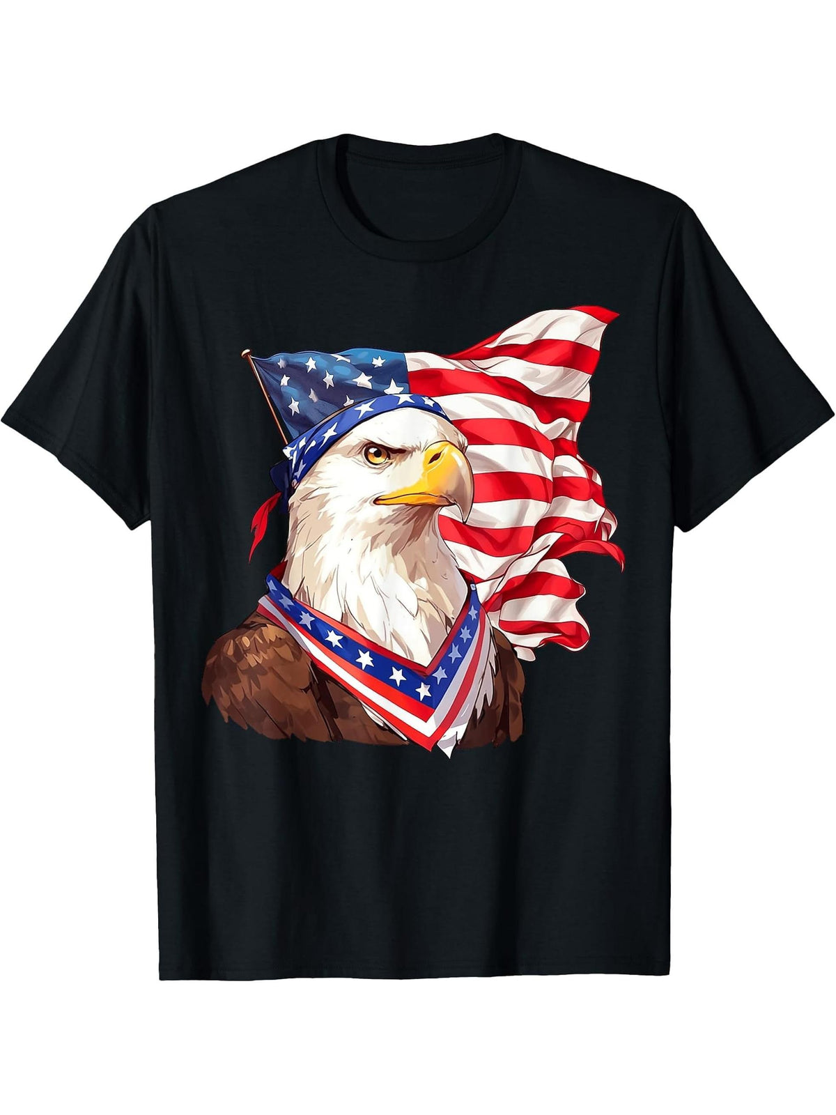 Eagle With USA Flag Design Patriotic Bald Eagle T-Shirt 180G 100% Cotton Printed Round Neck Short-Sleeve T-Shirt, Gifts for Men Dad Husband Grandpa, S-XXXL, Black