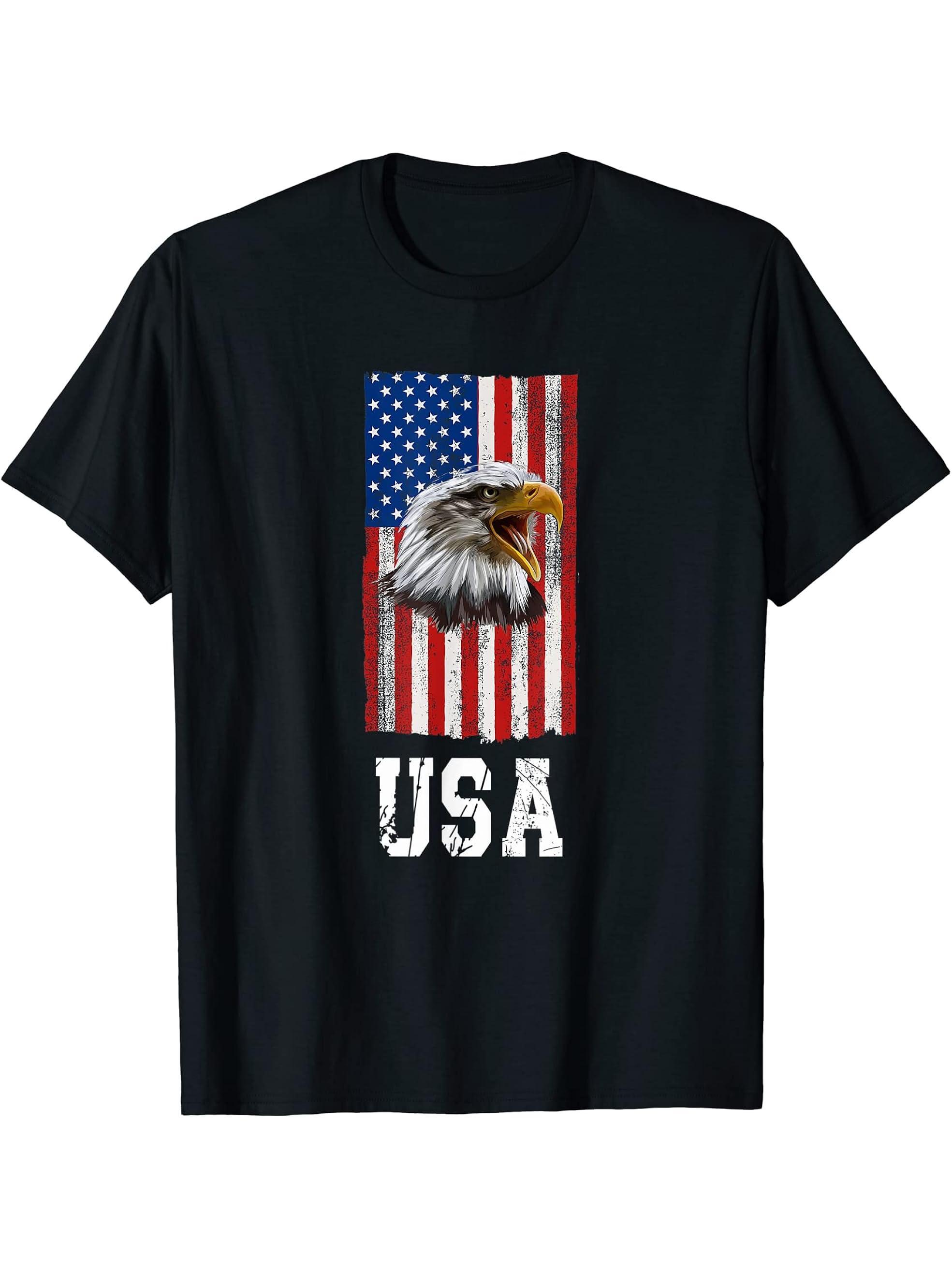 Bald Eagle, USA, flag USA T-Shirt 180G 100% Cotton Printed Round Neck Short-Sleeve T-Shirt, Gifts for Men Dad Husband Grandpa, S-XXXL, Black