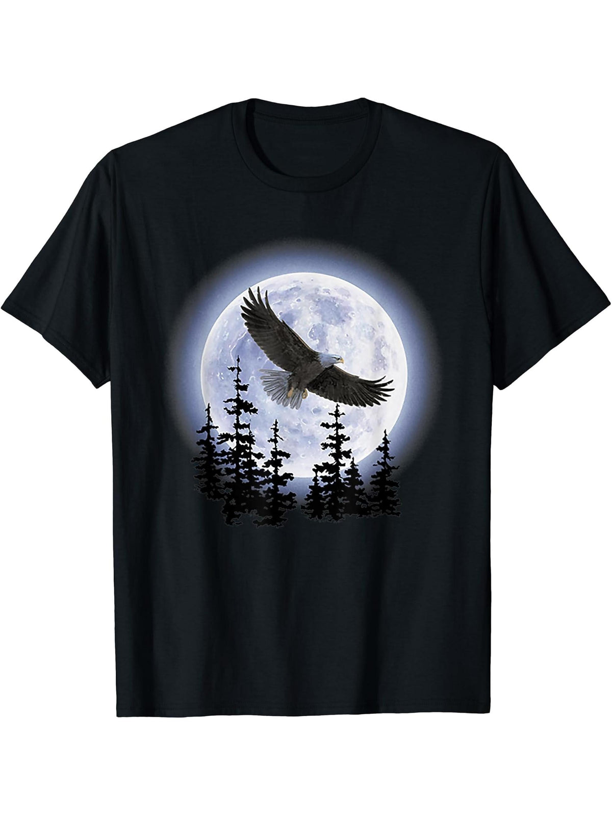 Bald Eagle with Moon T-Shirt 180G 100% Cotton Printed Round Neck Short-Sleeve T-Shirt, Gifts for Men Dad Husband Grandpa, S-XXXL, Black