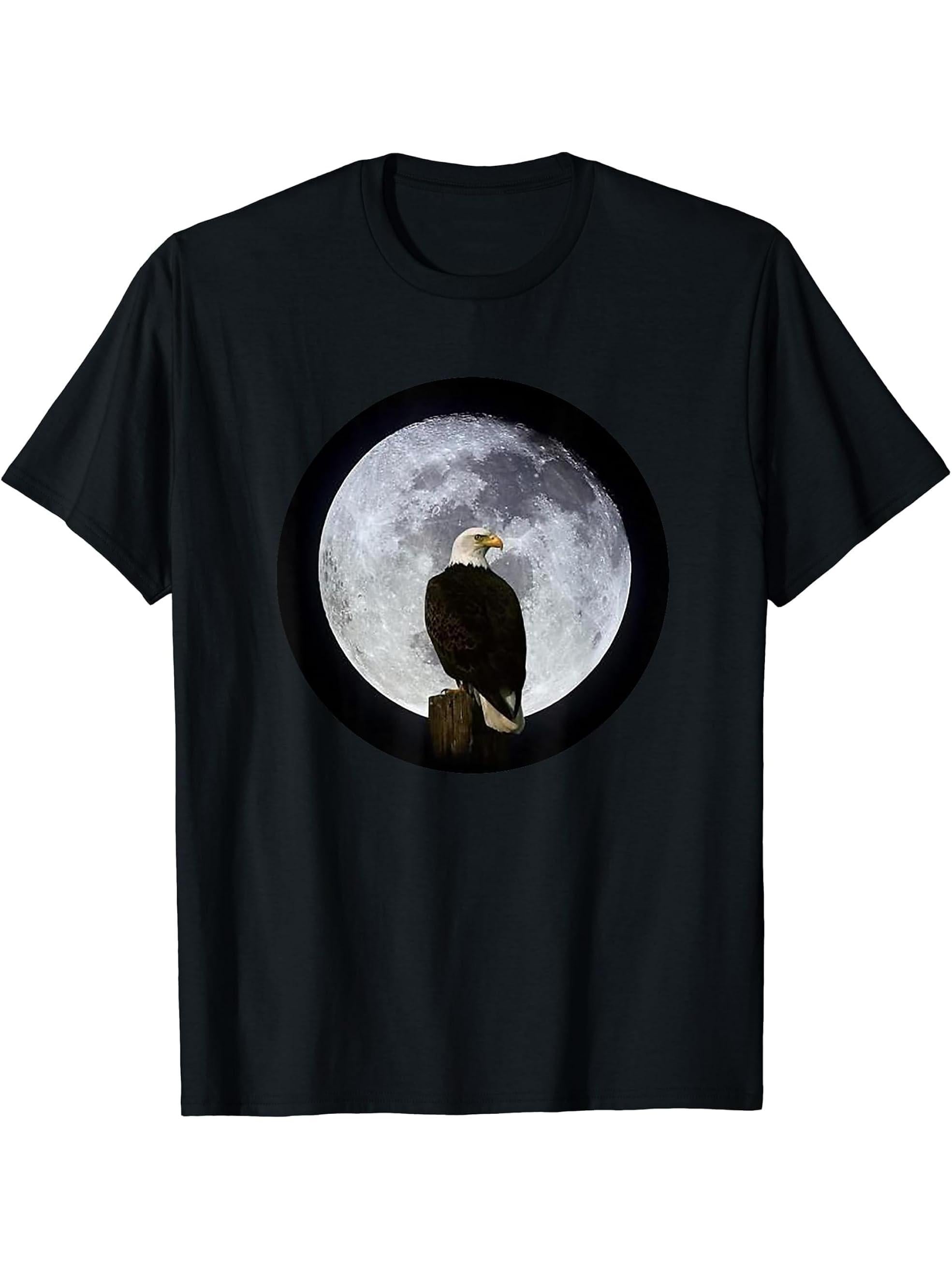 Bald Eagle with Moon T-Shirt 180G 100% Cotton Printed Round Neck Short-Sleeve T-Shirt, Gifts for Men Dad Husband Grandpa, S-XXXL, Black