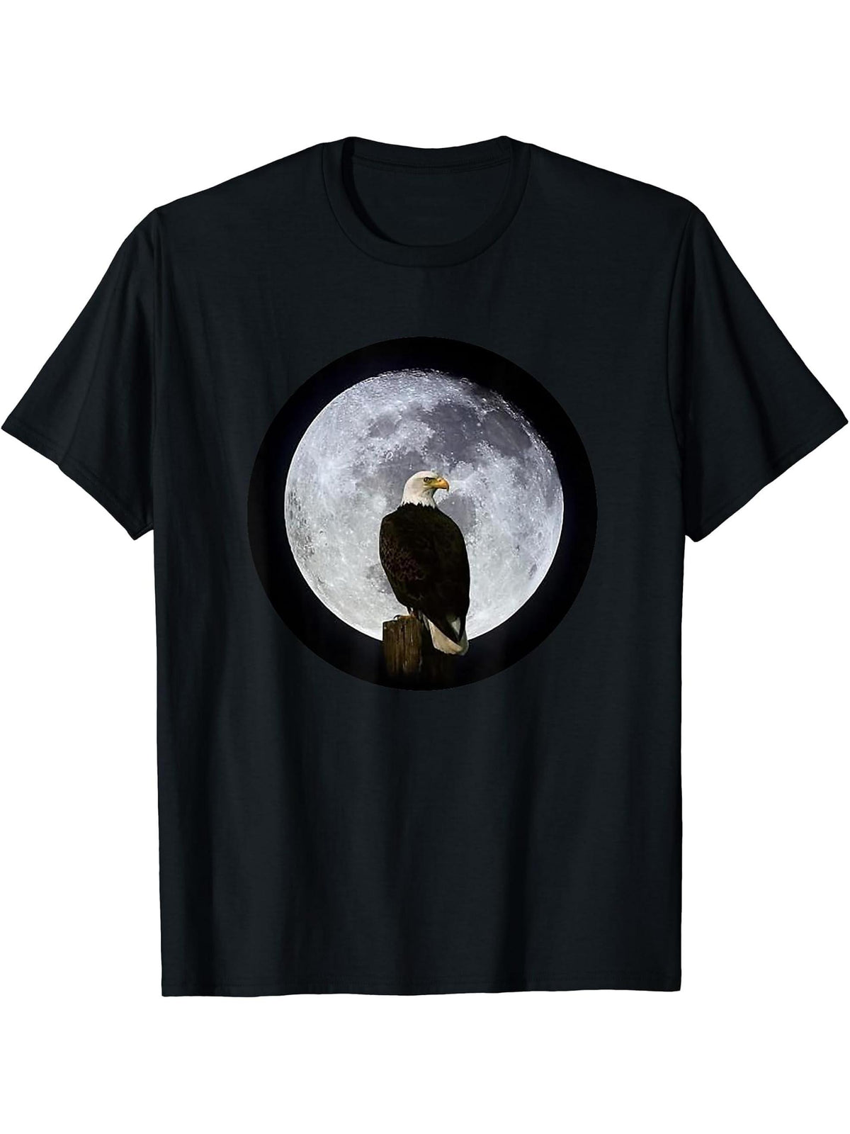 Bald Eagle with Moon T-Shirt 180G 100% Cotton Printed Round Neck Short-Sleeve T-Shirt, Gifts for Men Dad Husband Grandpa, S-XXXL, Black