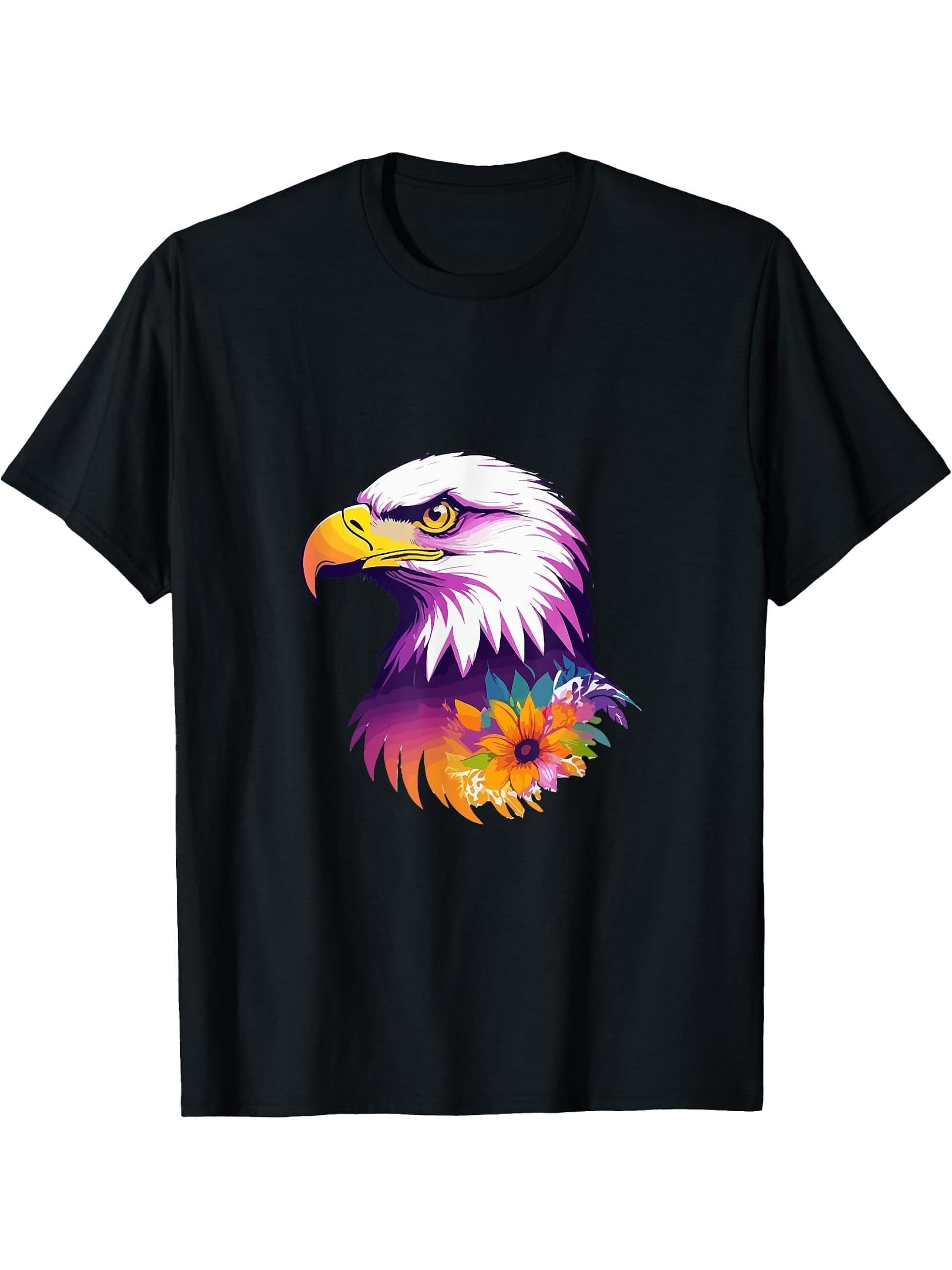 Proud Eagle Art with Colorful Flower - Bald Eagle T-Shirt 180G 100% Cotton Printed Round Neck Short-Sleeve T-Shirt, Gifts for Men Dad Husband Grandpa, S-XXXL, Black