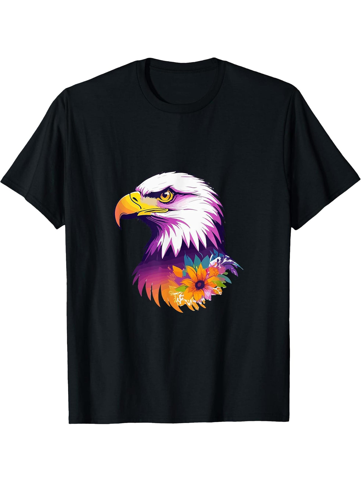 Proud Eagle Art with Colorful Flower - Bald Eagle T-Shirt 180G 100% Cotton Printed Round Neck Short-Sleeve T-Shirt, Gifts for Men Dad Husband Grandpa, S-XXXL, Black