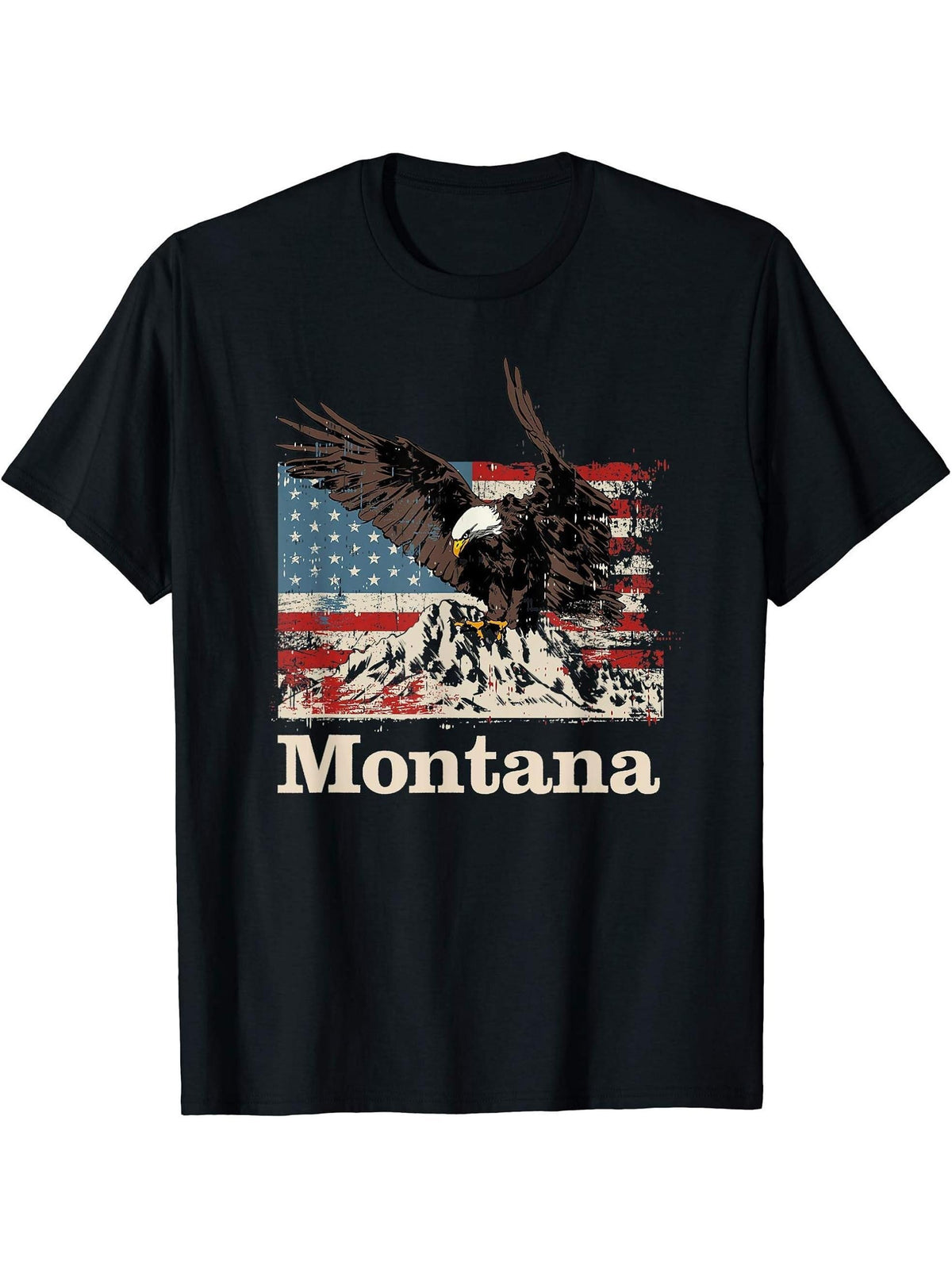 American Bald Eagle Flag Montana Souvenir T-Shirt 180G 100% Cotton Printed Round Neck Short-Sleeve T-Shirt, Gifts for Men Dad Husband Grandpa, S-XXXL, Black