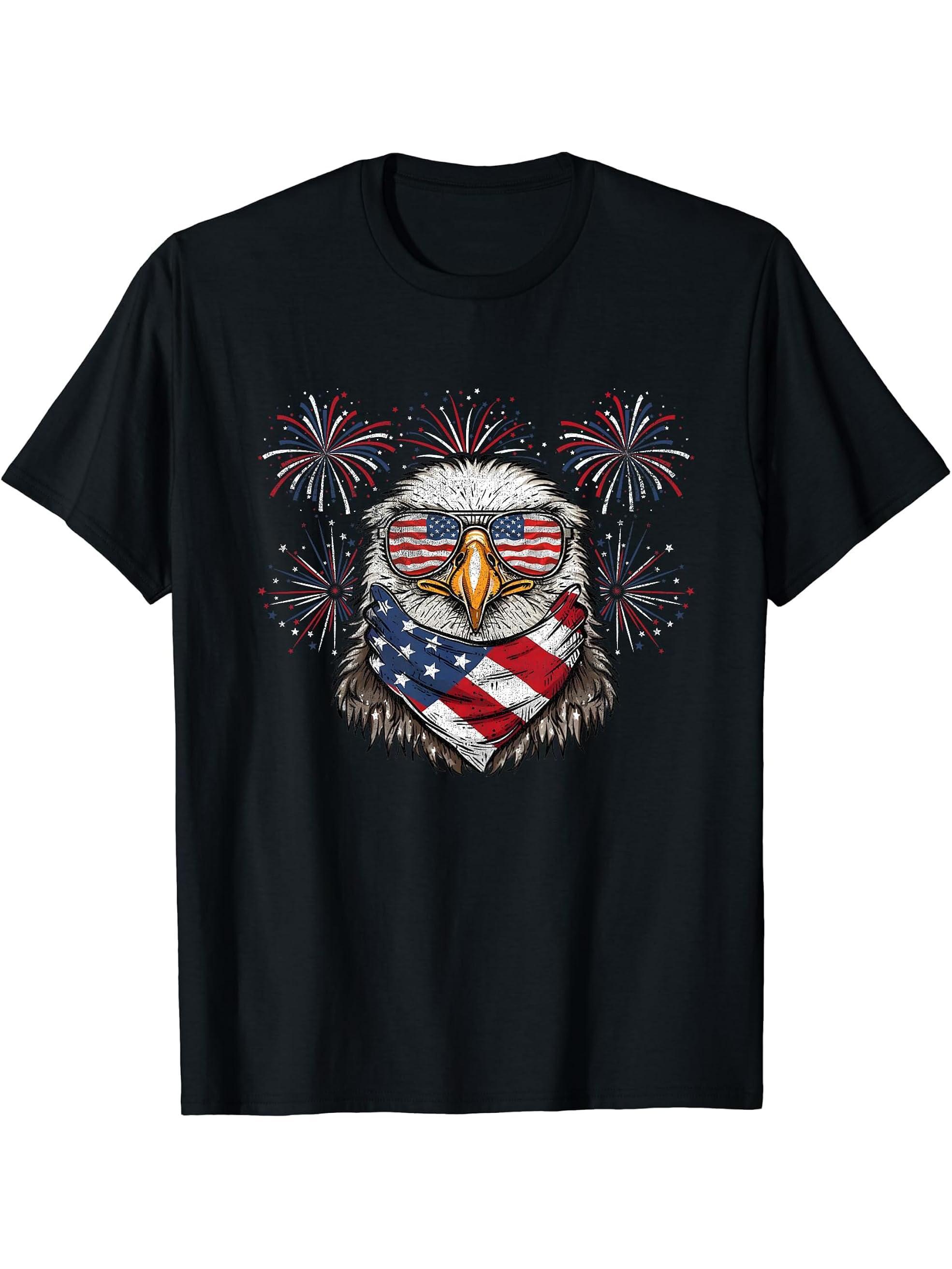 Bald Eagle 4th Of July Sunglasses American Flag Fireworks T-Shirt 180G 100% Cotton Printed Round Neck Short-Sleeve T-Shirt, Gifts for Men Dad Husband Grandpa, S-XXXL, Black