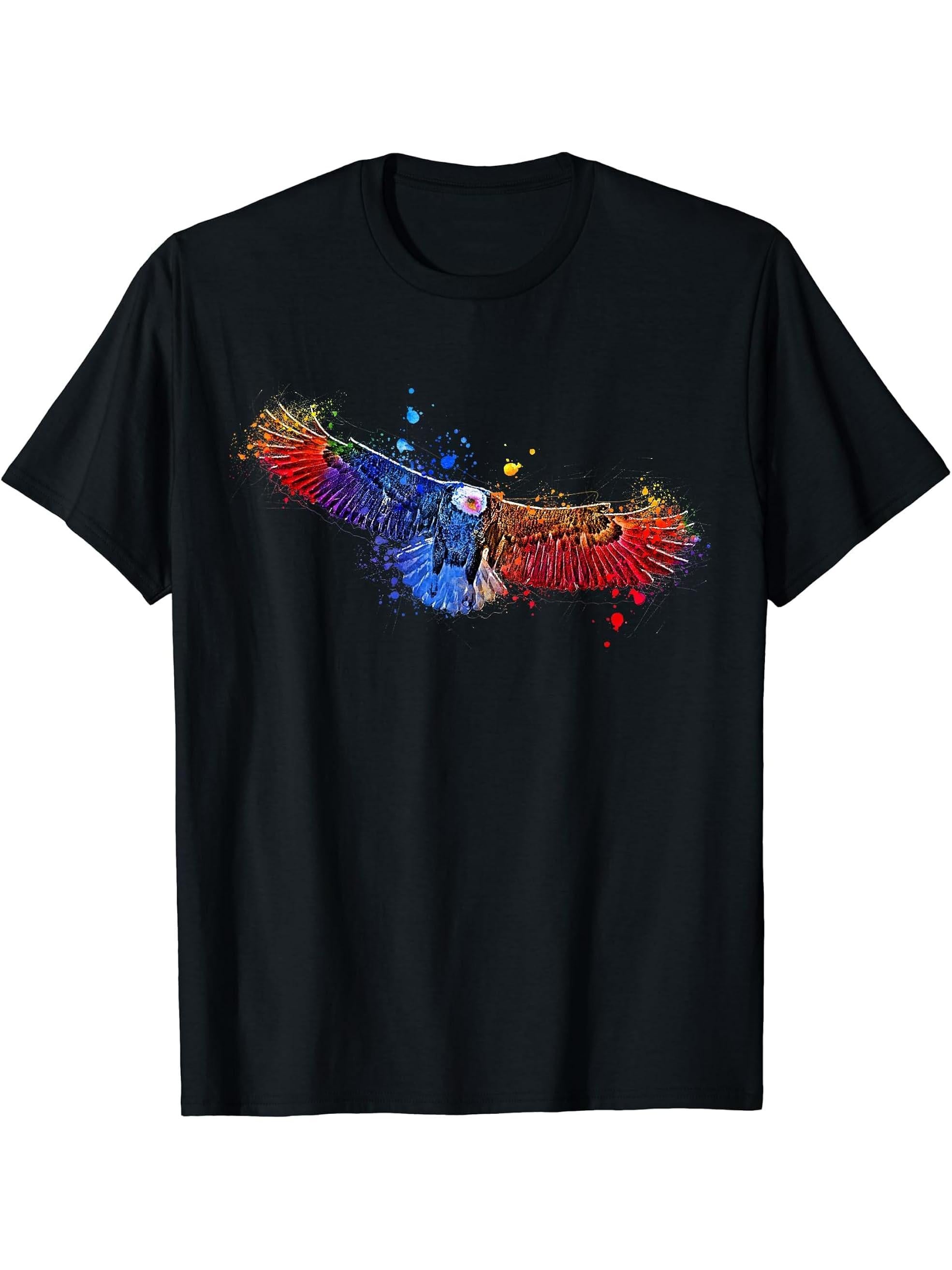 Eagle Shirt Watercolor Painting Gift Patriotic Bald Eagle T-Shirt 180G 100% Cotton Printed Round Neck Short-Sleeve T-Shirt, Gifts for Men Dad Husband Grandpa, S-XXXL, Black