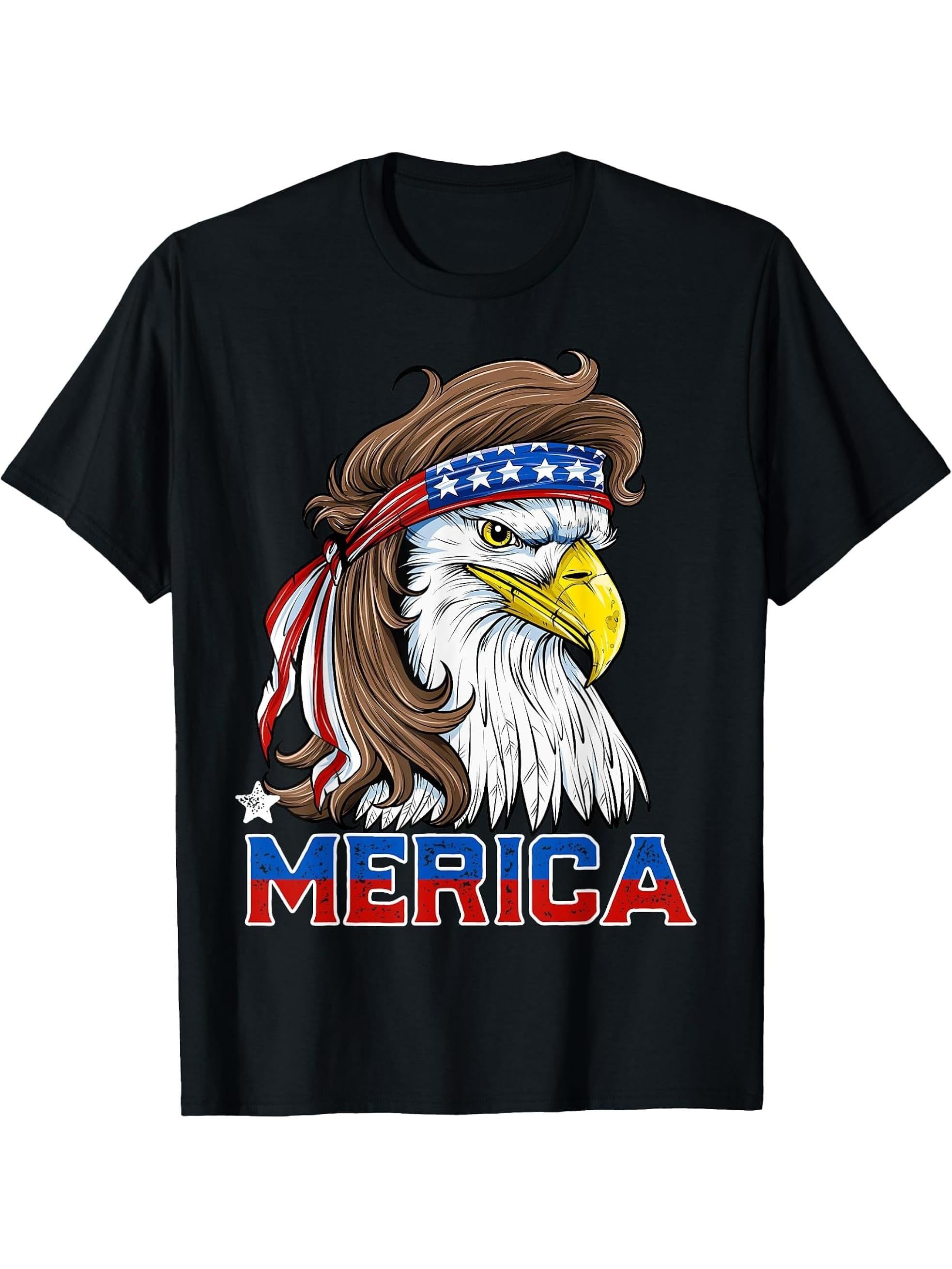 Merica Eagle Mullet 4th of July Men Women American Flag USA T-Shirt 180G 100% Cotton Printed Round Neck Short-Sleeve T-Shirt, Gifts for Men Dad Husband Grandpa, S-XXXL, Black