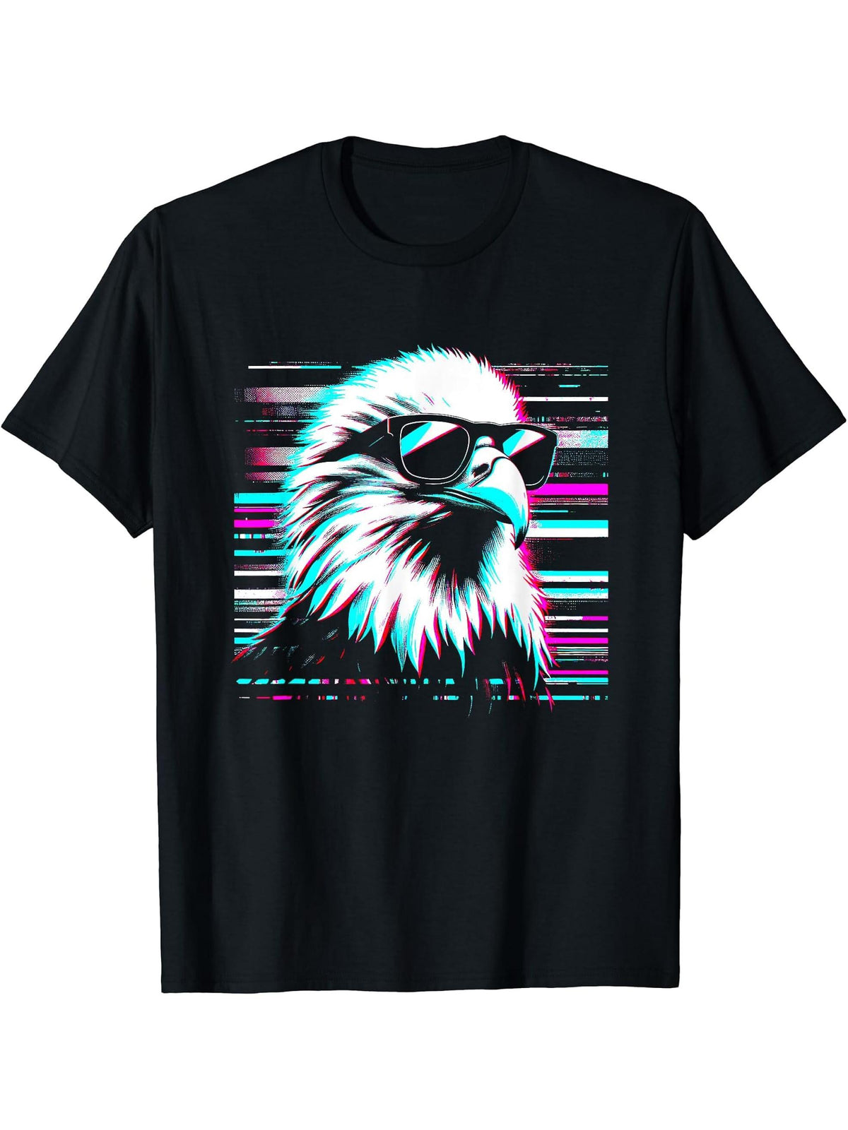 American Bald Eagle Glitch - Vintage Eagle Bird Lover T-Shirt 180G 100% Cotton Printed Round Neck Short-Sleeve T-Shirt, Gifts for Men Dad Husband Grandpa, S-XXXL, Black