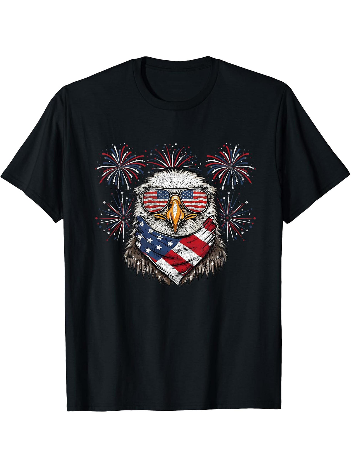 Bald Eagle 4th Of July Sunglasses American Flag Fireworks T-Shirt 180G 100% Cotton Printed Round Neck Short-Sleeve T-Shirt, Gifts for Men Dad Husband Grandpa, S-XXXL, Black