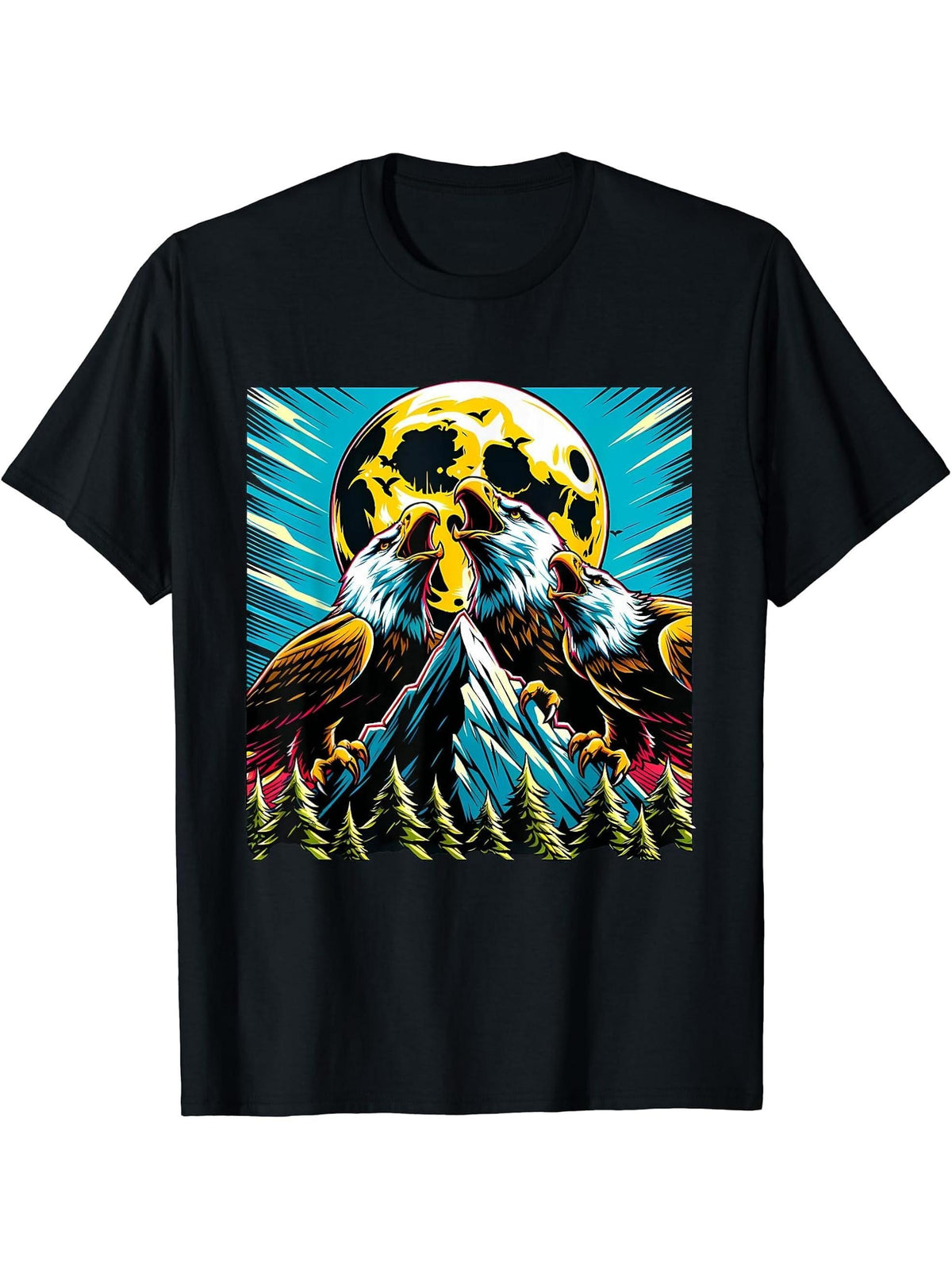 Howling At Moon Bald Eagle T-Shirt 180G 100% Cotton Printed Round Neck Short-Sleeve T-Shirt, Gifts for Men Dad Husband Grandpa, S-XXXL, Black