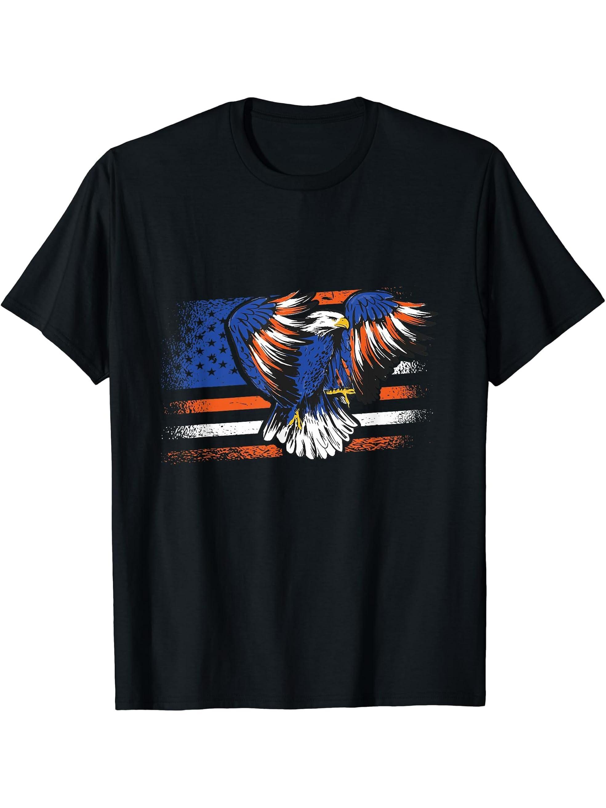 American Bald Eagle Independance American Flag Eagle T-Shirt 180G 100% Cotton Printed Round Neck Short-Sleeve T-Shirt, Gifts for Men Dad Husband Grandpa, S-XXXL, Black