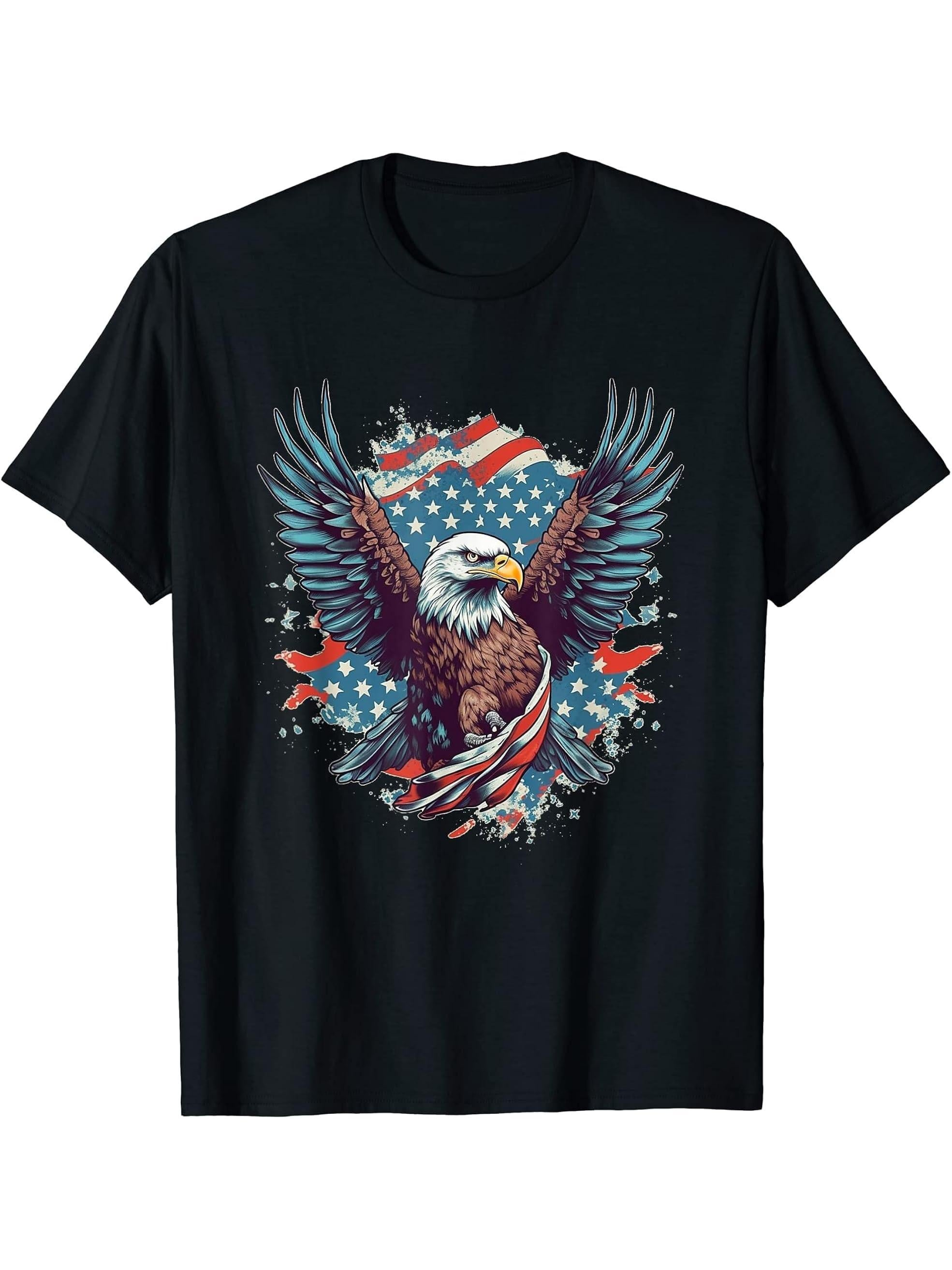 American Bald Eagle Men Women Boy Girl T-Shirt 180G 100% Cotton Printed Round Neck Short-Sleeve T-Shirt, Gifts for Men Dad Husband Grandpa, S-XXXL, Black