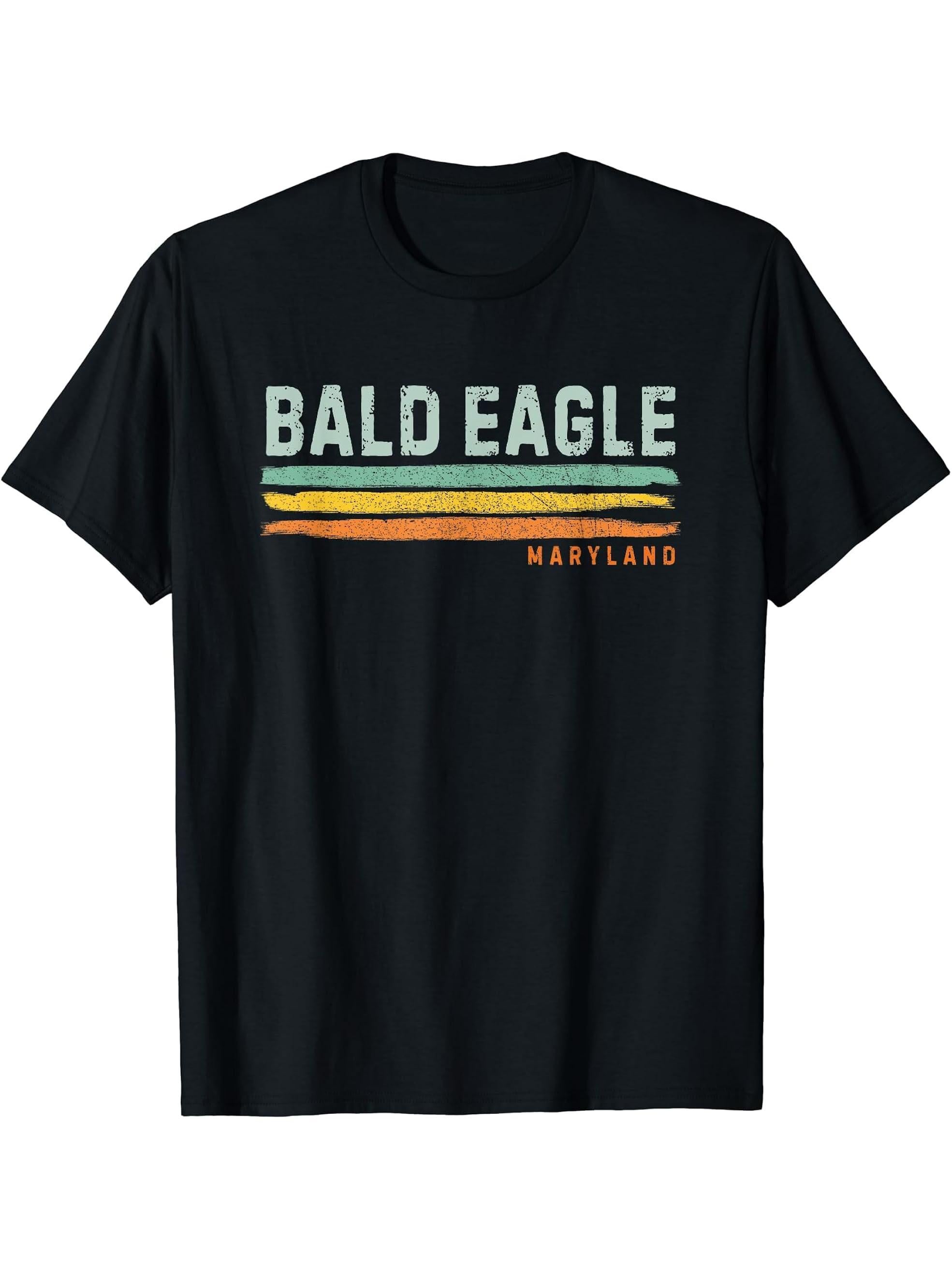 Vintage Stripes Bald Eagle MD T-Shirt 180G 100% Cotton Printed Round Neck Short-Sleeve T-Shirt, Gifts for Men Dad Husband Grandpa, S-XXXL, Black