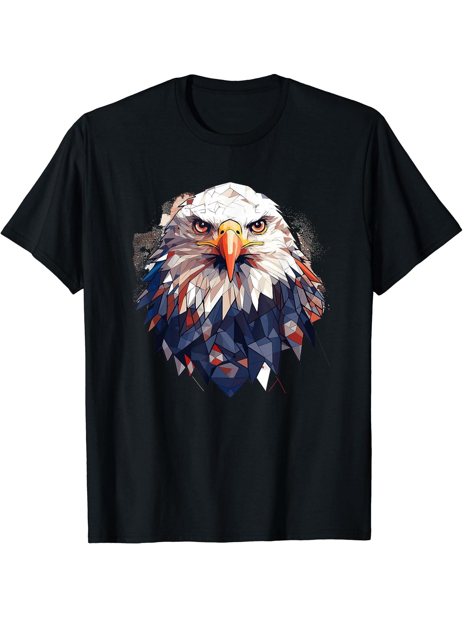 Bald Eagle Geometric Patten Art, Cute Bald Eagle Lover T-Shirt 180G 100% Cotton Printed Round Neck Short-Sleeve T-Shirt, Gifts for Men Dad Husband Grandpa, S-XXXL, Black