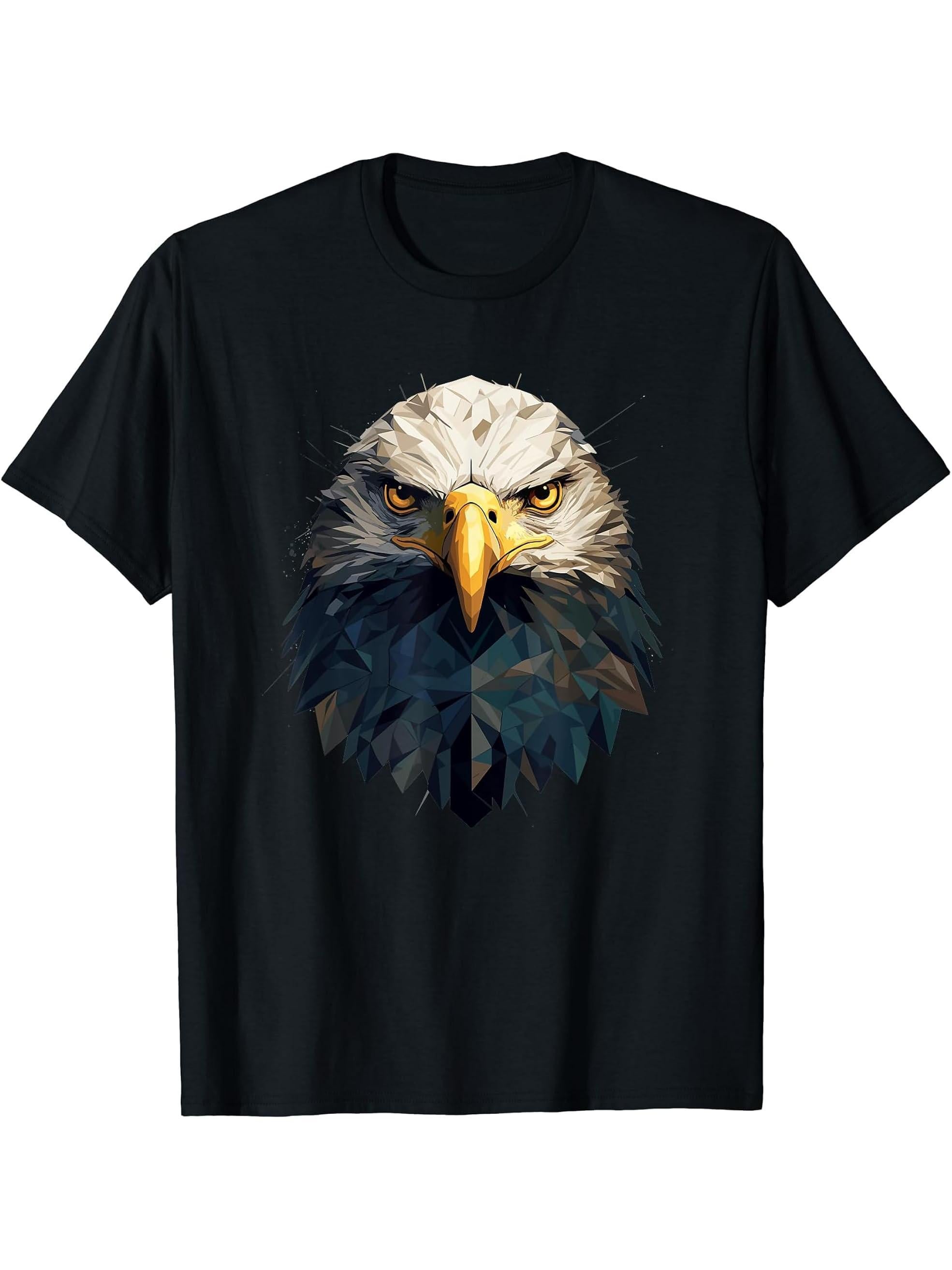 Bald Eagle Geometric Patten Art, Cute Bald Eagle Lover T-Shirt 180G 100% Cotton Printed Round Neck Short-Sleeve T-Shirt, Gifts for Men Dad Husband Grandpa, S-XXXL, Black