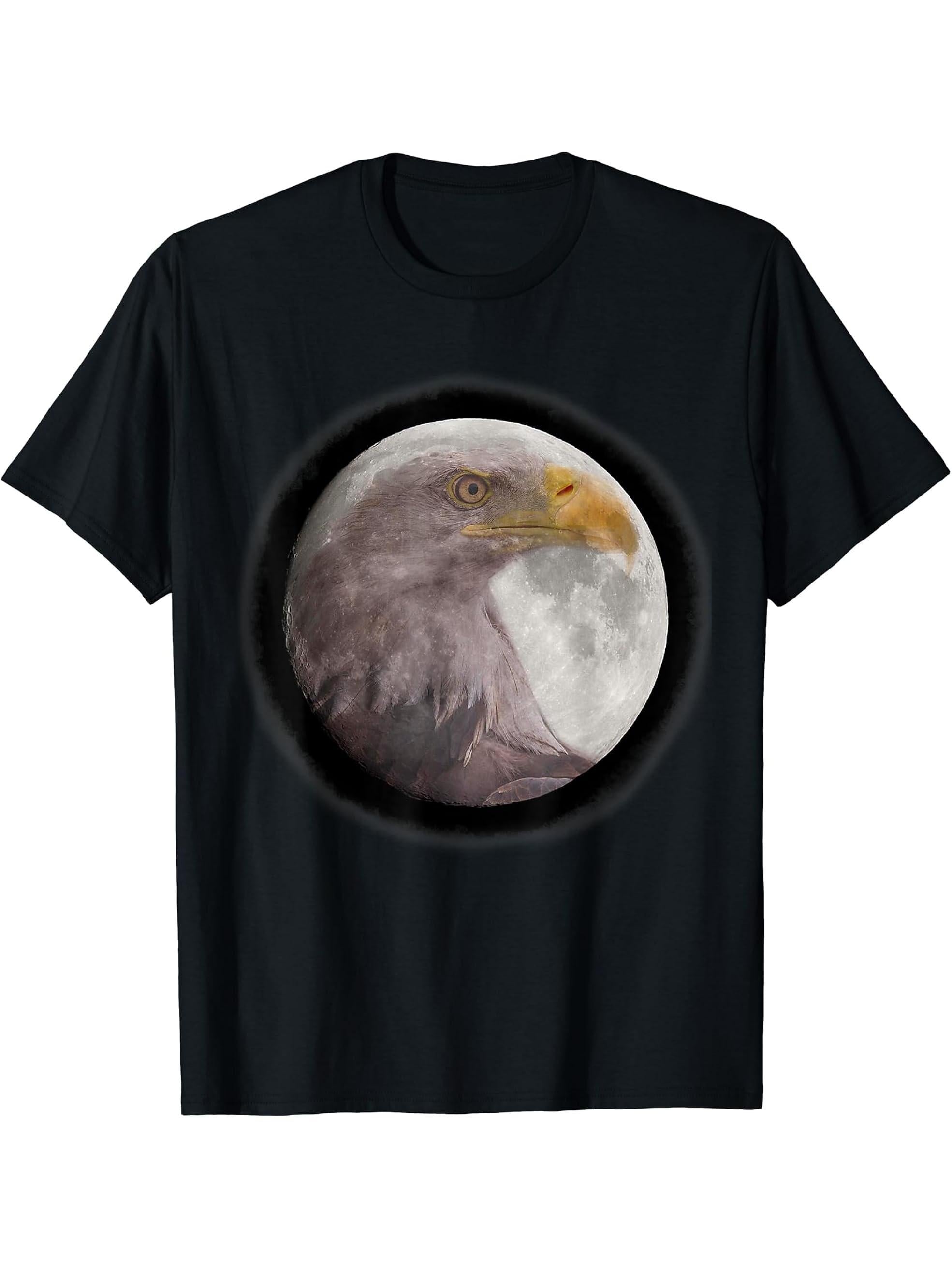 Bald Eagle Moon T-Shirt 180G 100% Cotton Printed Round Neck Short-Sleeve T-Shirt, Gifts for Men Dad Husband Grandpa, S-XXXL, Black