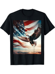 Majestic Bald Eagle With Flag T-Shirt 180G 100% Cotton Printed Round Neck Short-Sleeve T-Shirt, Gifts for Men Dad Husband Grandpa, S-XXXL, Black