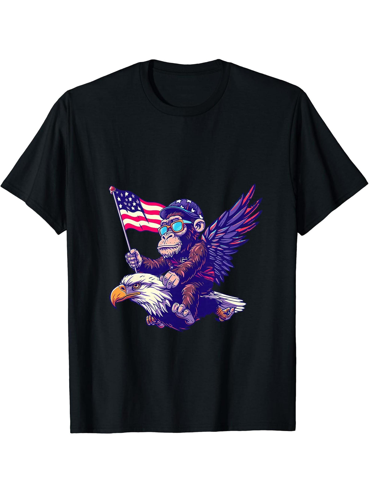 Funny Monkey Bald Eagle American Flag USA 4th Of July T-Shirt 180G 100% Cotton Printed Round Neck Short-Sleeve T-Shirt, Gifts for Men Dad Husband Grandpa, S-XXXL, Black